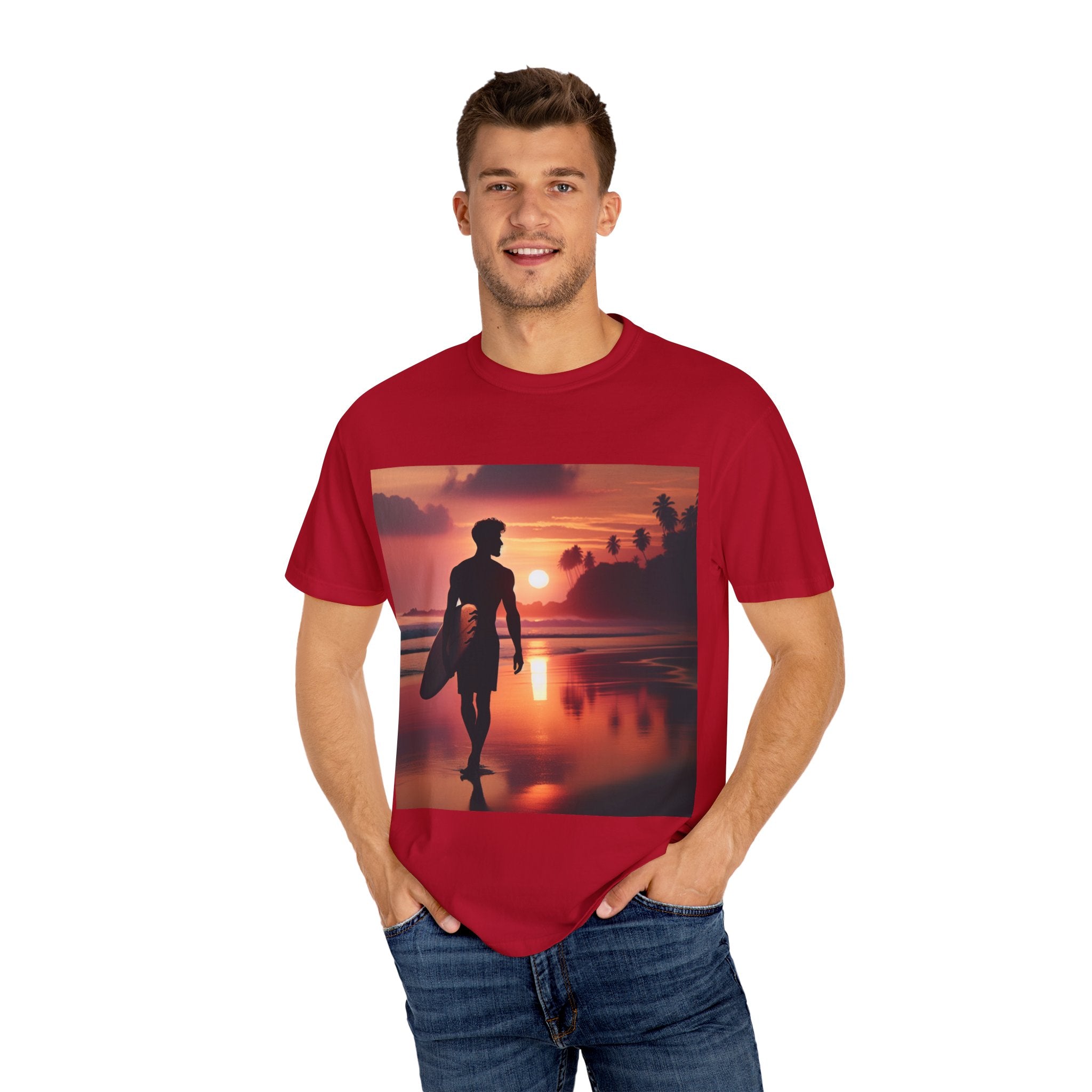 Sunset Surfer Unisex T-Shirt, Beach Vibes Tee, Perfect for Summer, Gift for Surfers, Casual Wear, Vacation Outfit, Surfing Apparel