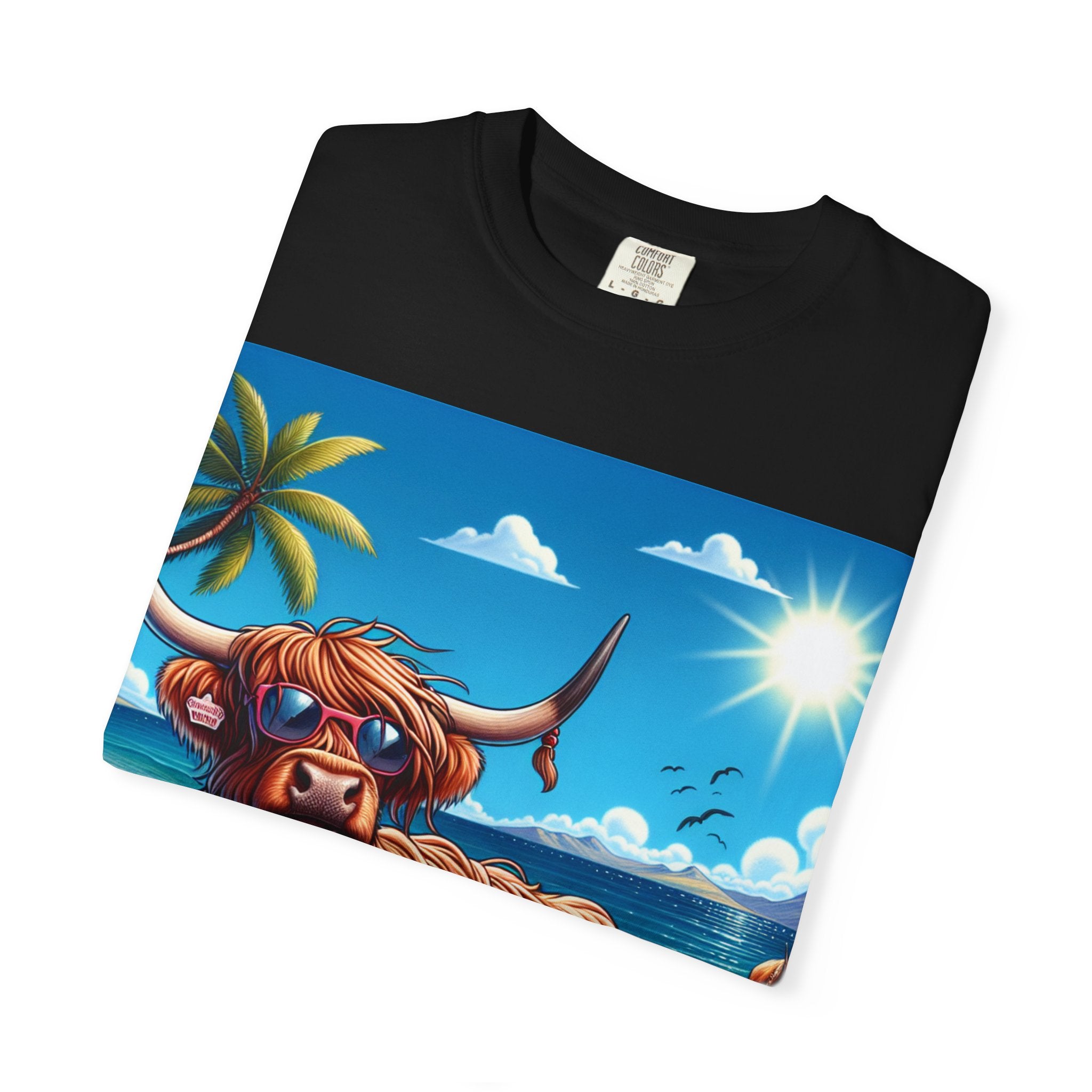 Beachy Highland Cow T-shirt | Unisex Garment-Dyed Tee, Relaxed Summer Fashion, Animal Lover Gift, Vacation Wear, Fun Graphic Tee