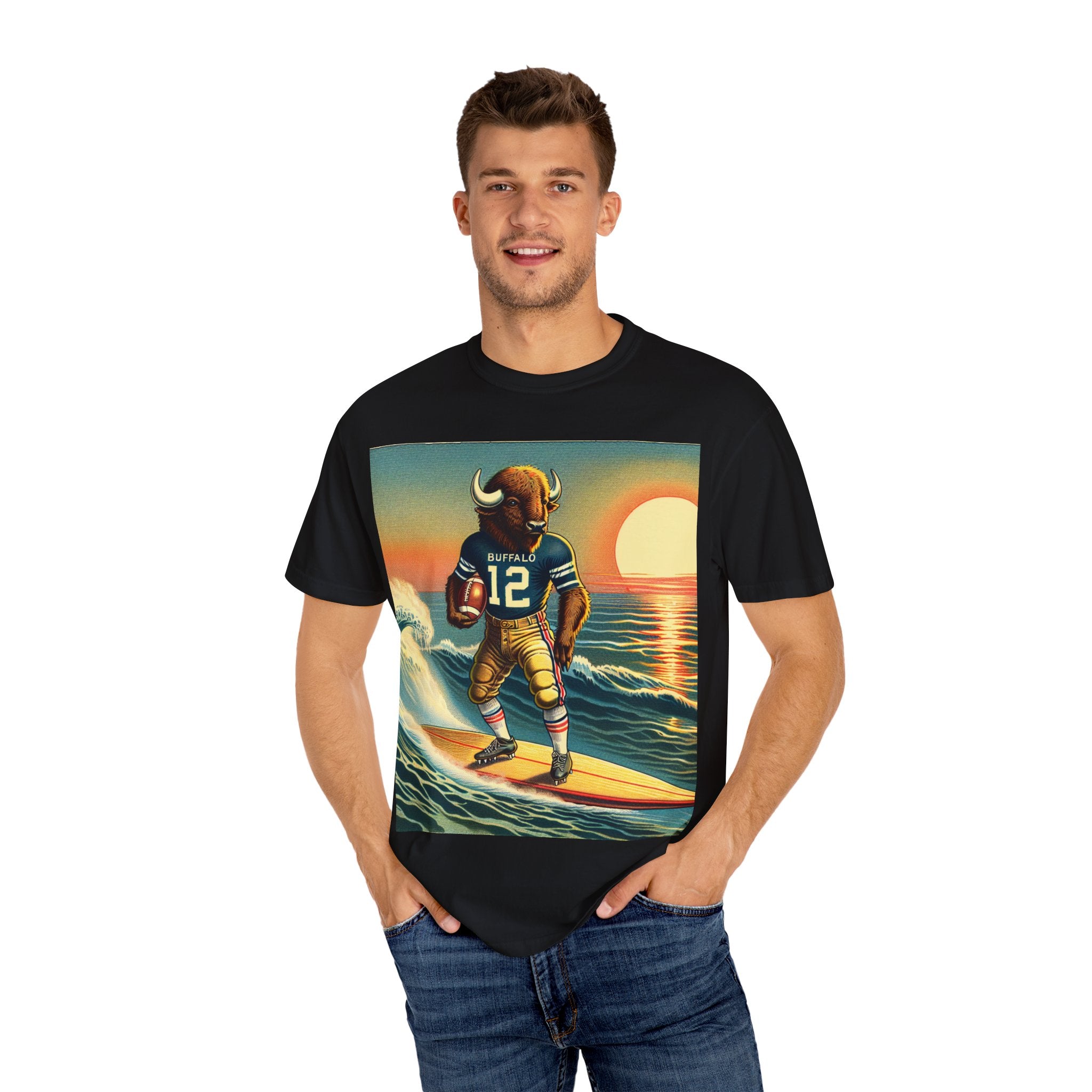 Surfing Buffalo Graphic Tee, Vintage Hipster Shirt, Casual Summer Apparel, Gift for Sports Fans, Unisex T-Shirt