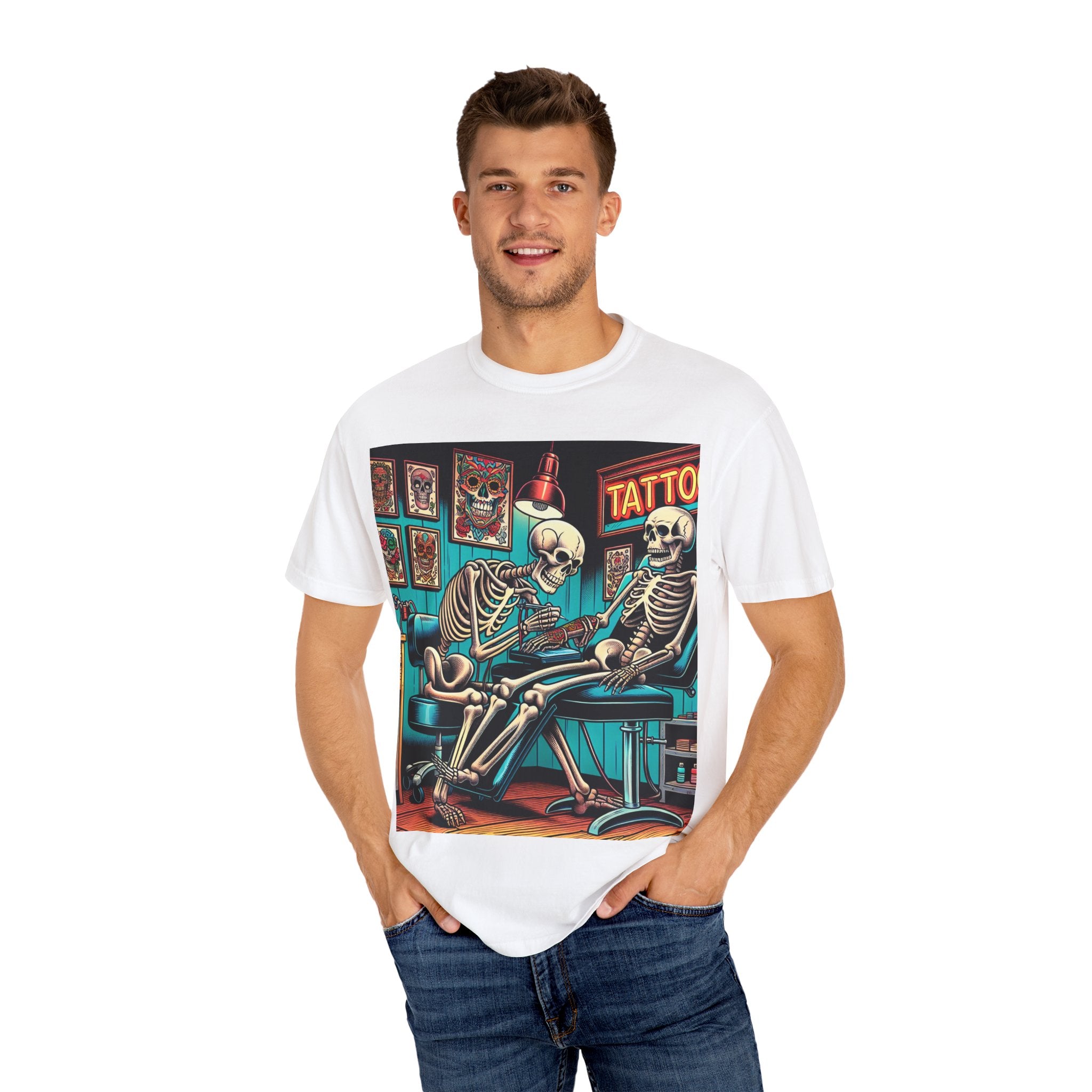Skeleton Tattoo Parlor T-Shirt, Unisex Graphic Tee, Halloween Apparel, Gift for Tattoo Lovers, Retro Style Shirt, Unique Gift Idea