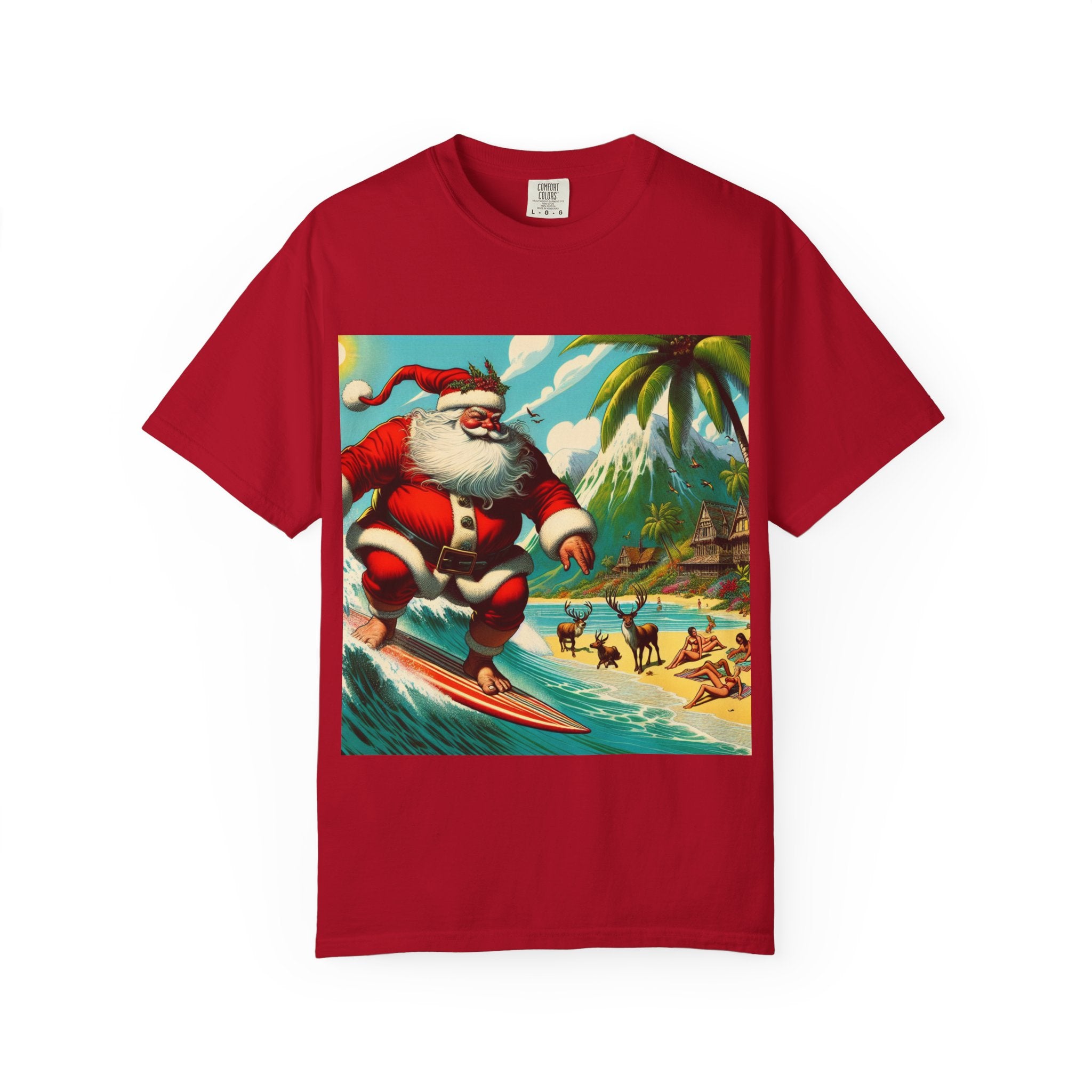 Surfing Santa Unisex T-Shirt, Christmas Tee, Holiday Wear, Funny T-Shirt, Summer Vibes, Gift for Him/Her, Beach Apparel
