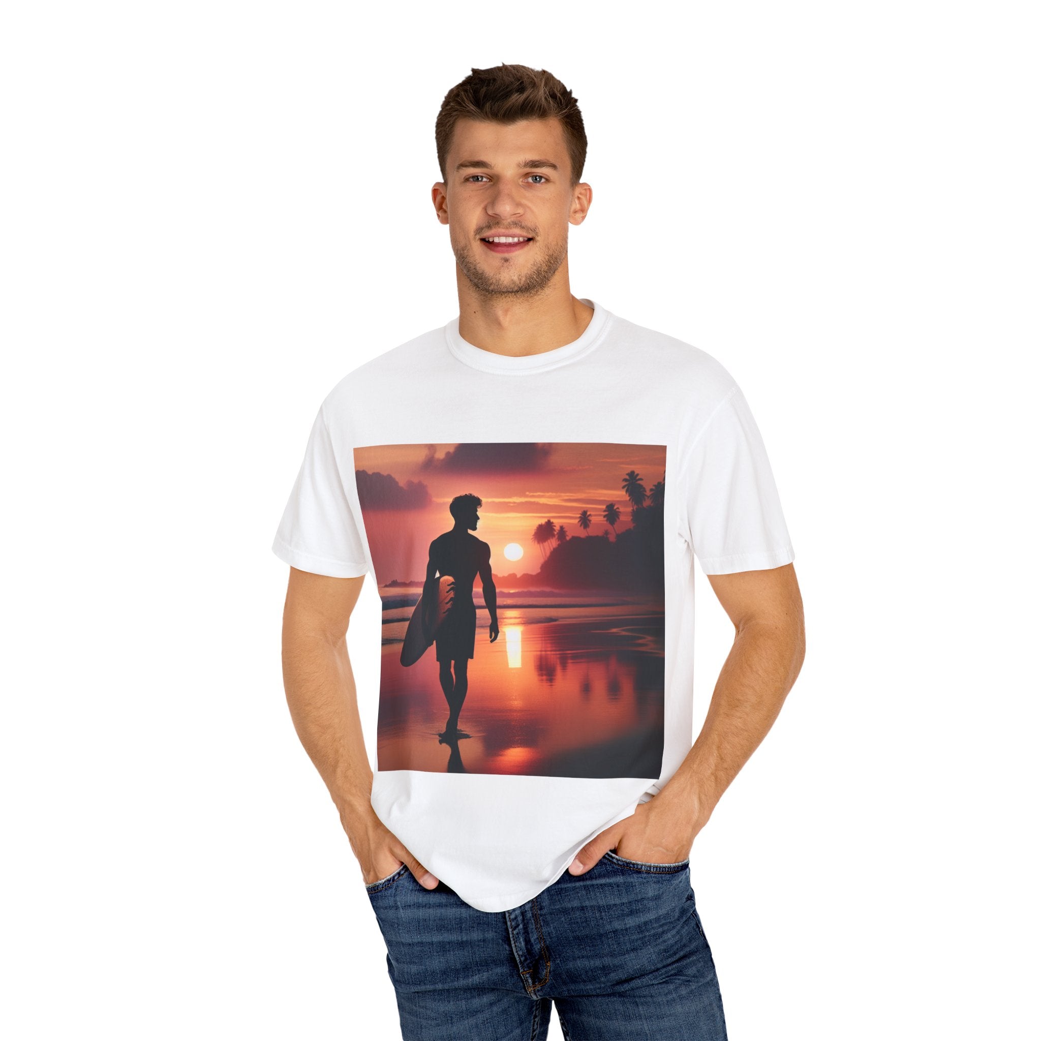 Sunset Surfer Unisex T-Shirt, Beach Vibes Tee, Perfect for Summer, Gift for Surfers, Casual Wear, Vacation Outfit, Surfing Apparel