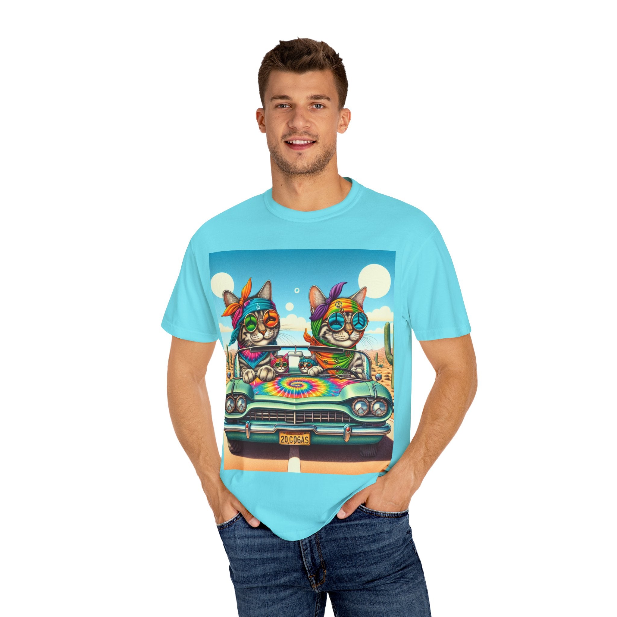 Vibrant Cat Road Trip Unisex T-shirt, Colorful Summer Tee, Gift for Cat Lovers, Festival Apparel, Cute Pet T-shirt, Boho Cat Style