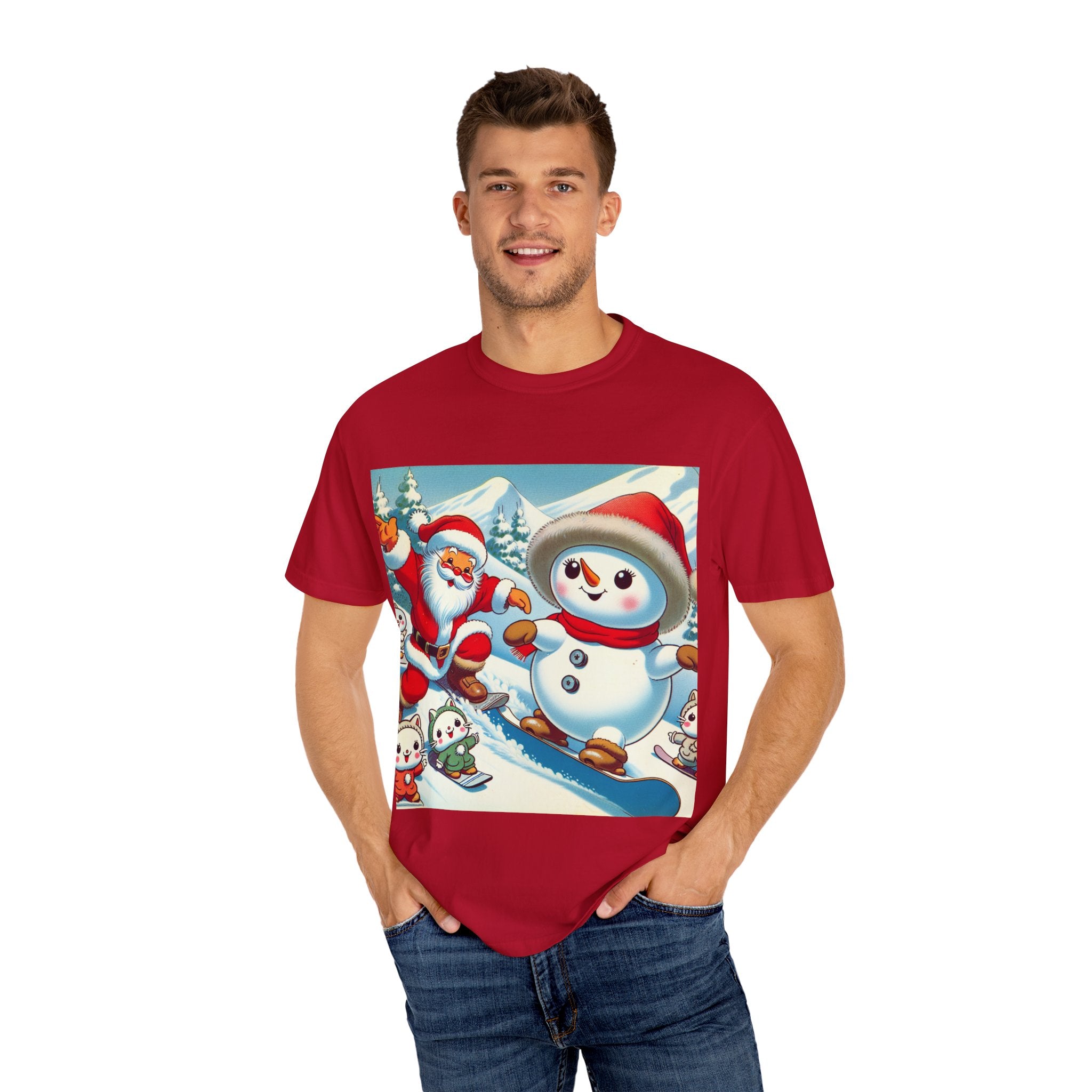 Festive Holiday T-shirt - Santa and Snowman Graphic, Christmas Gift, Unisex Tee, Winter Wear, Cute Christmas Shirt
