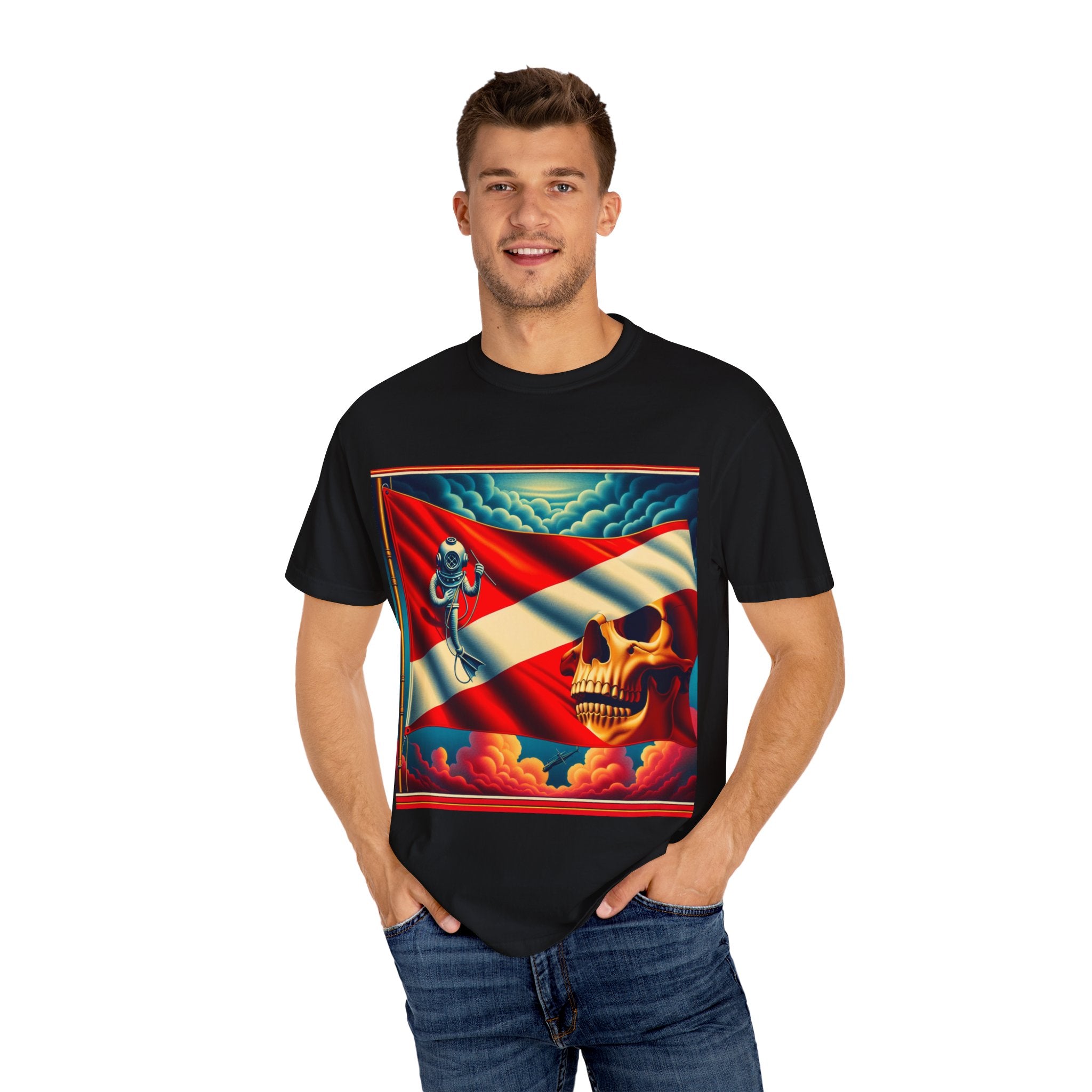 Vibrant Graphic T-shirt, Bold Skull and Astronaut Design, Unisex Casual Wear, Summer Vibes, Festival Attire, Unique Gift Idea