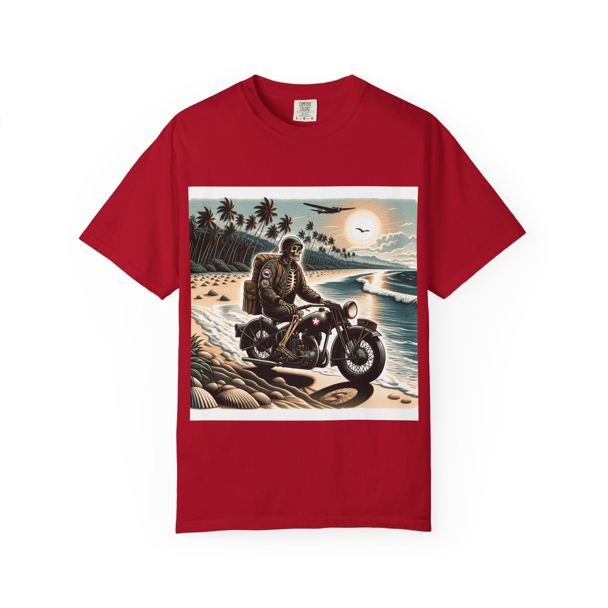 Vintage Motorcycle Beach T-Shirt, Relaxed Style Tee for Bikers, Unisex Graphic Top, Beach Lovers Gift, Adventure Apparel