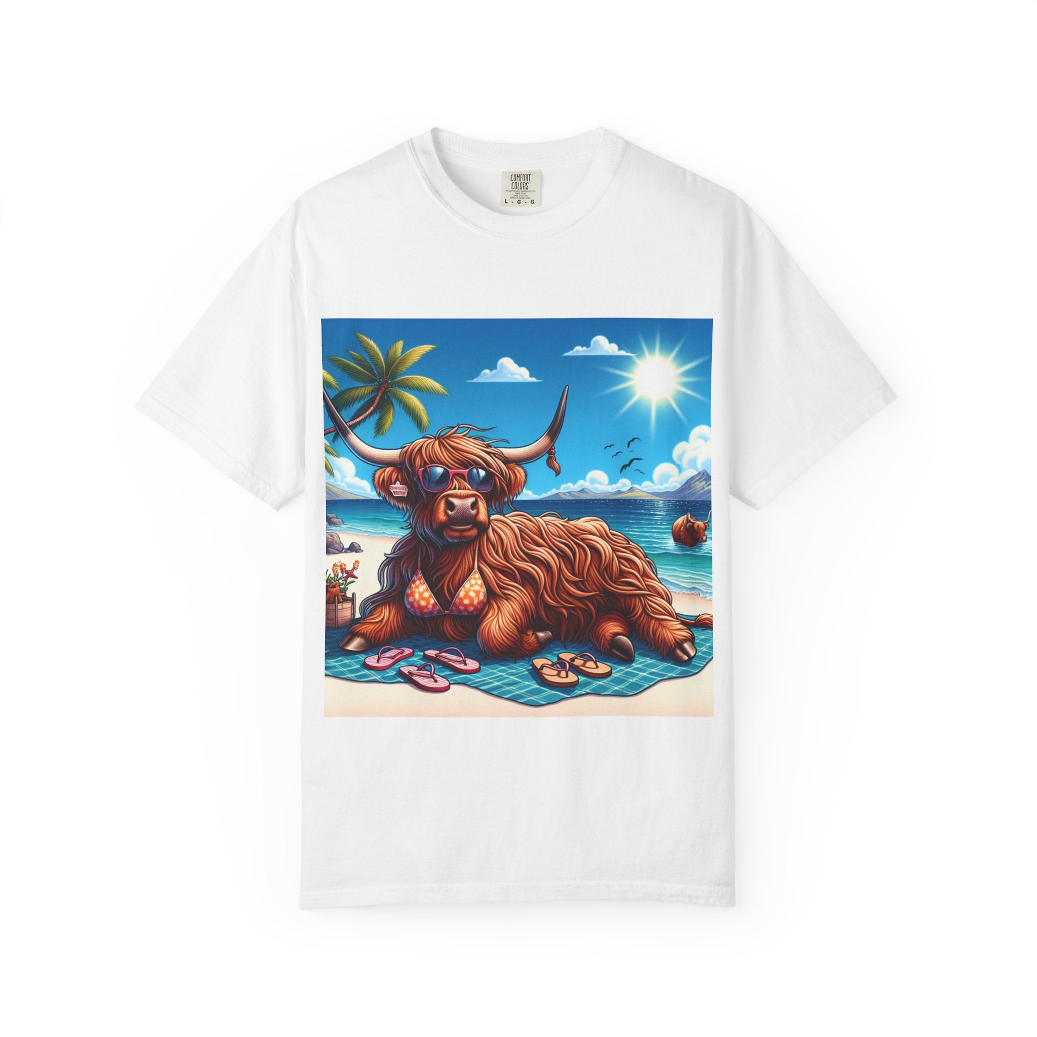 Highland Cow Beach Vibe T-Shirt, Garment-Dyed, Summer Apparel, Relaxed Fit Tee, Perfect for Beach Days, Gift for Animal Lovers