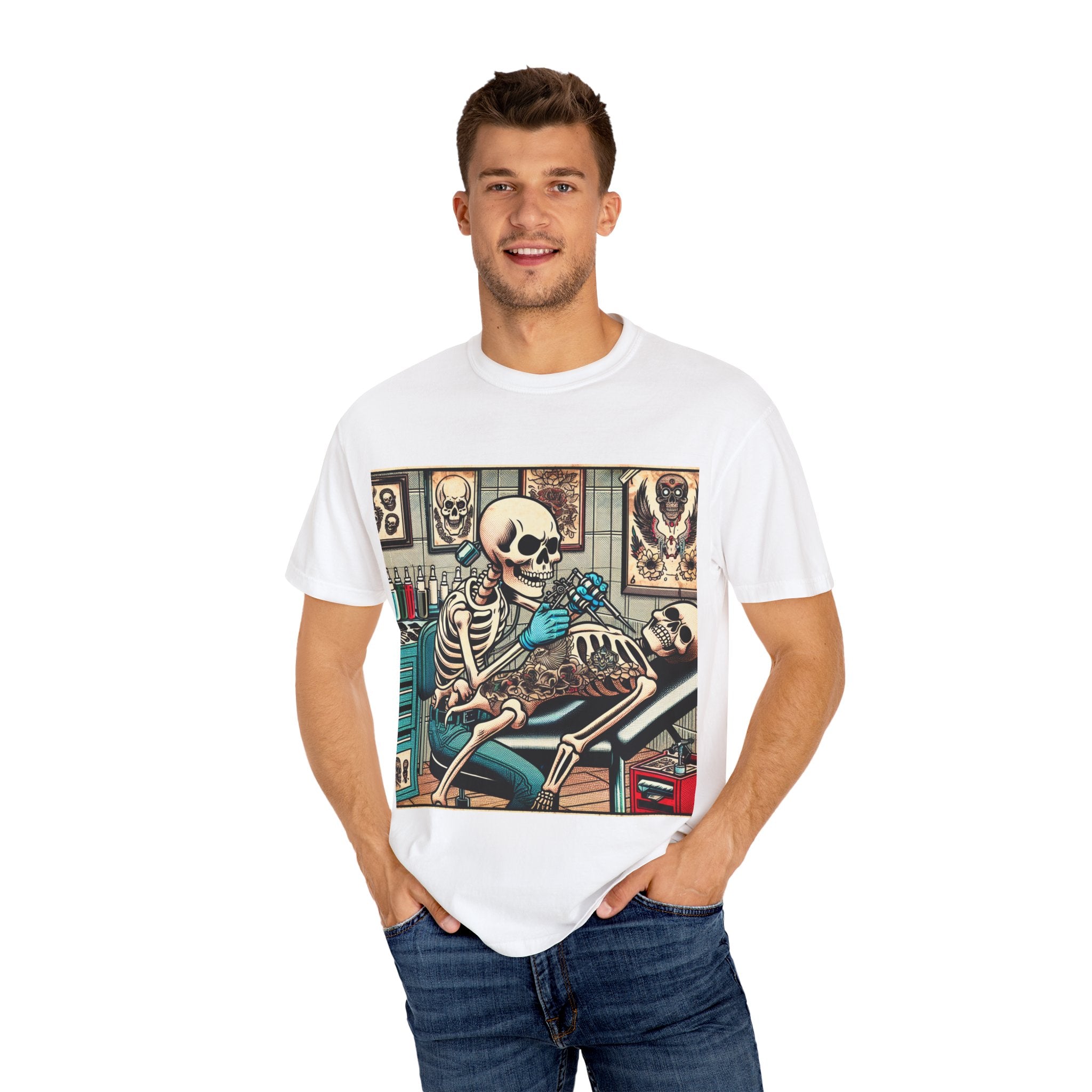 Skeleton Tattoo Shop Unisex T-Shirt, Unique Graphic Tee, Alternative Fashion, Halloween Costume, Gift for Tattoo Lovers