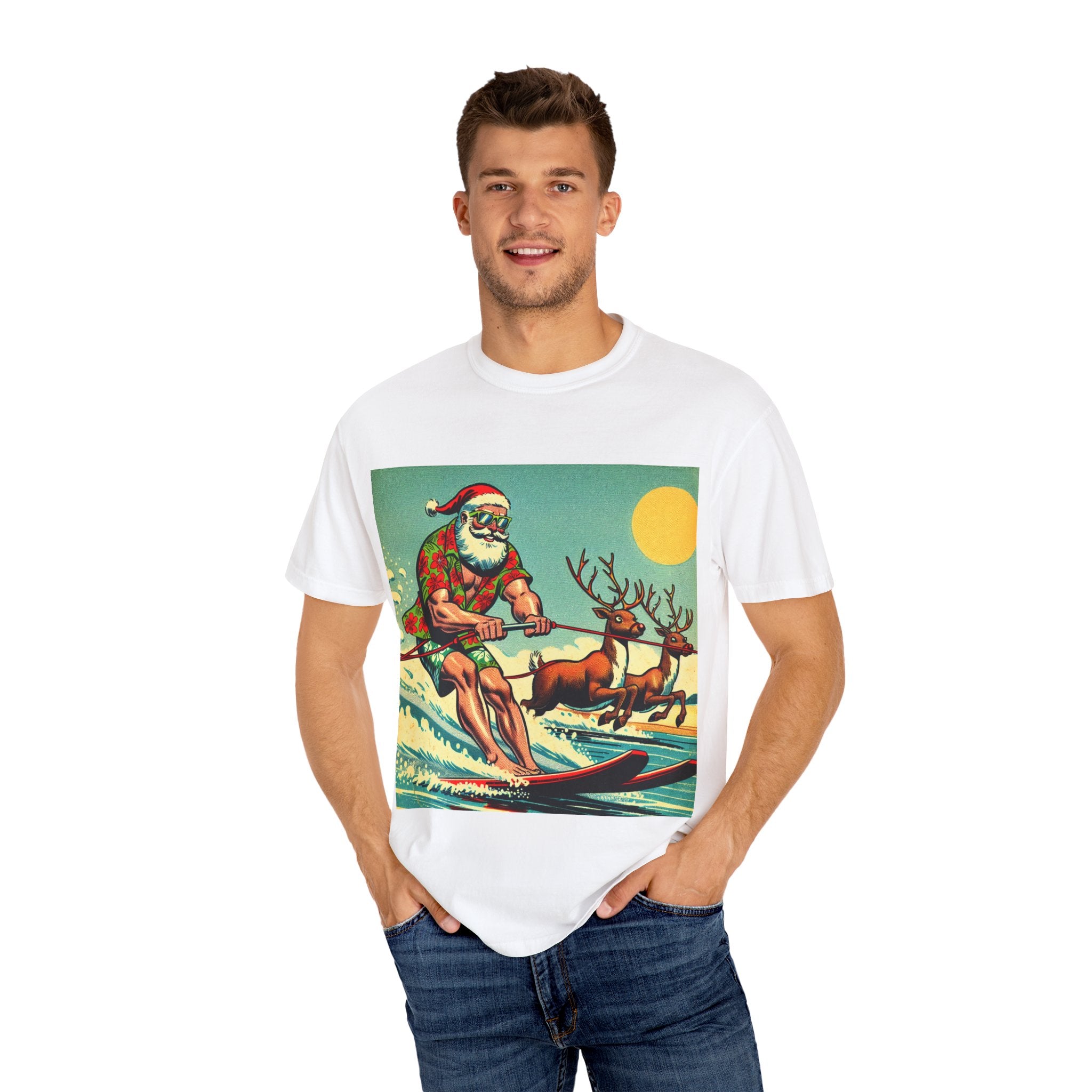 Surfing Santa T-shirt | Holiday Humor Shirt, Christmas Gift, Vintage Santa Tee, Summer Vibes, Unisex Casual Wear
