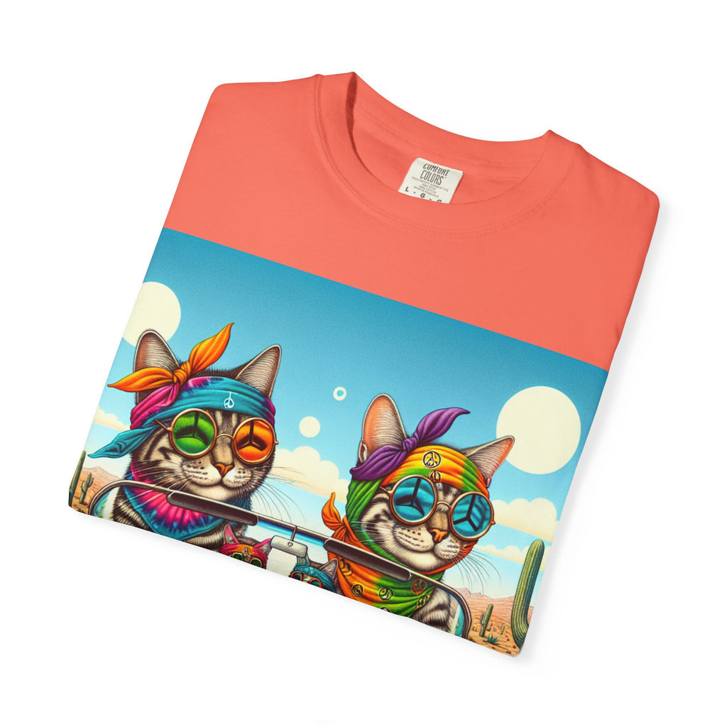 Vibrant Cat Road Trip Unisex T-shirt, Colorful Summer Tee, Gift for Cat Lovers, Festival Apparel, Cute Pet T-shirt, Boho Cat Style