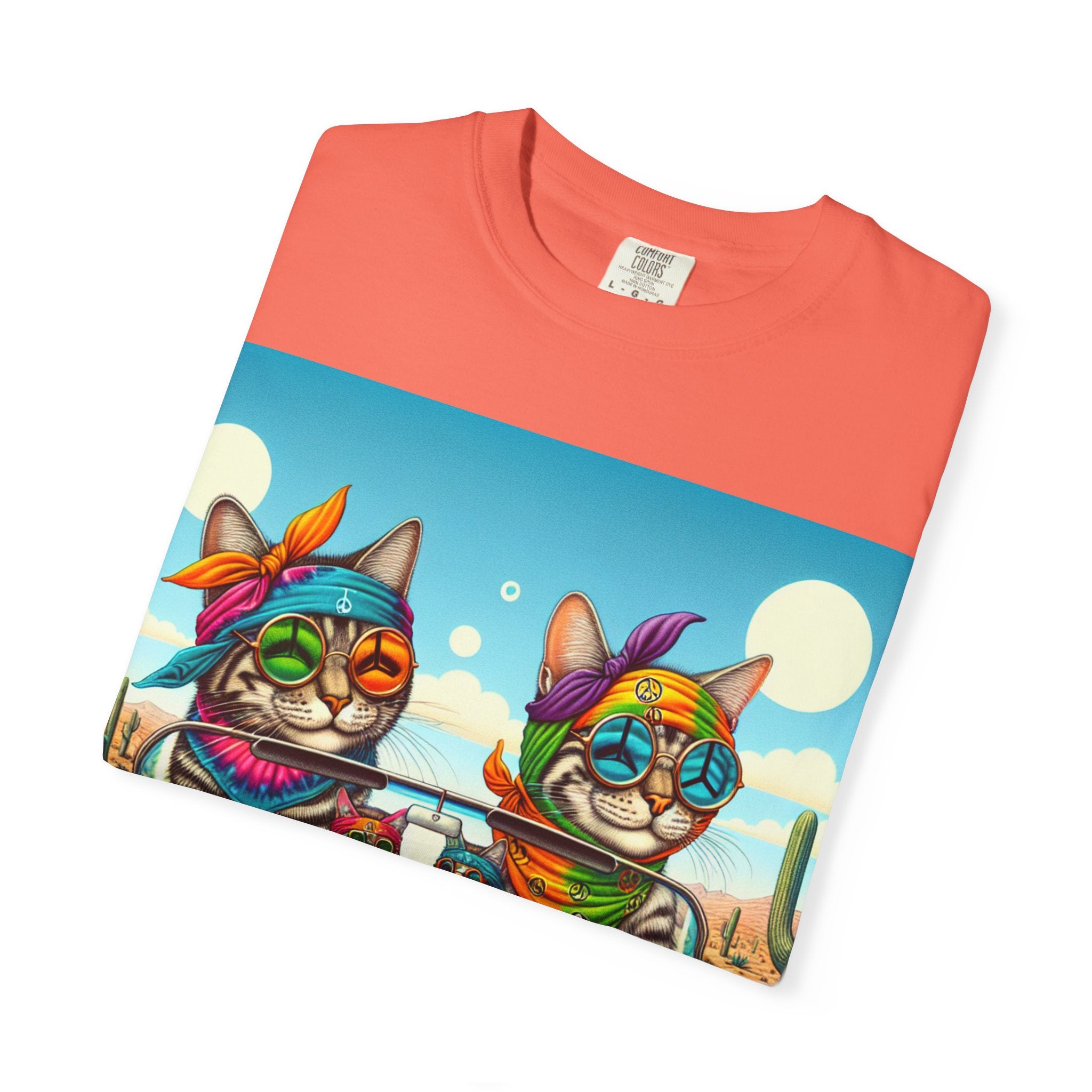 Vibrant Cat Road Trip Unisex T-shirt, Colorful Summer Tee, Gift for Cat Lovers, Festival Apparel, Cute Pet T-shirt, Boho Cat Style
