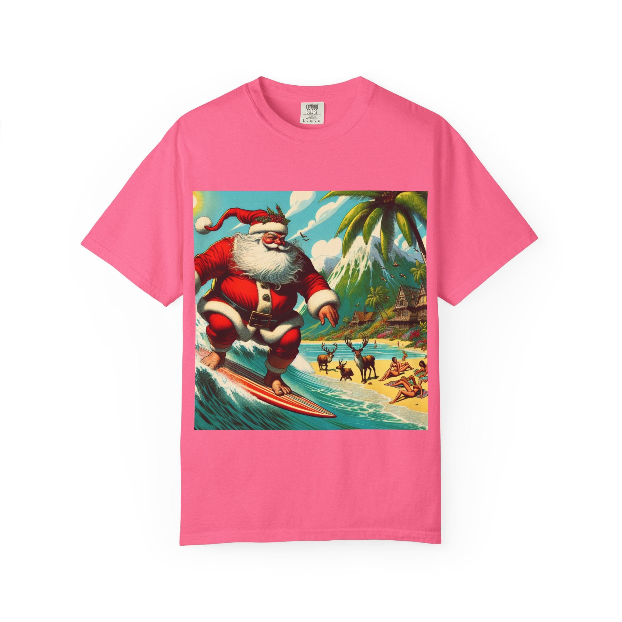 Surfing Santa Unisex T-Shirt, Christmas Tee, Holiday Wear, Funny T-Shirt, Summer Vibes, Gift for Him/Her, Beach Apparel
