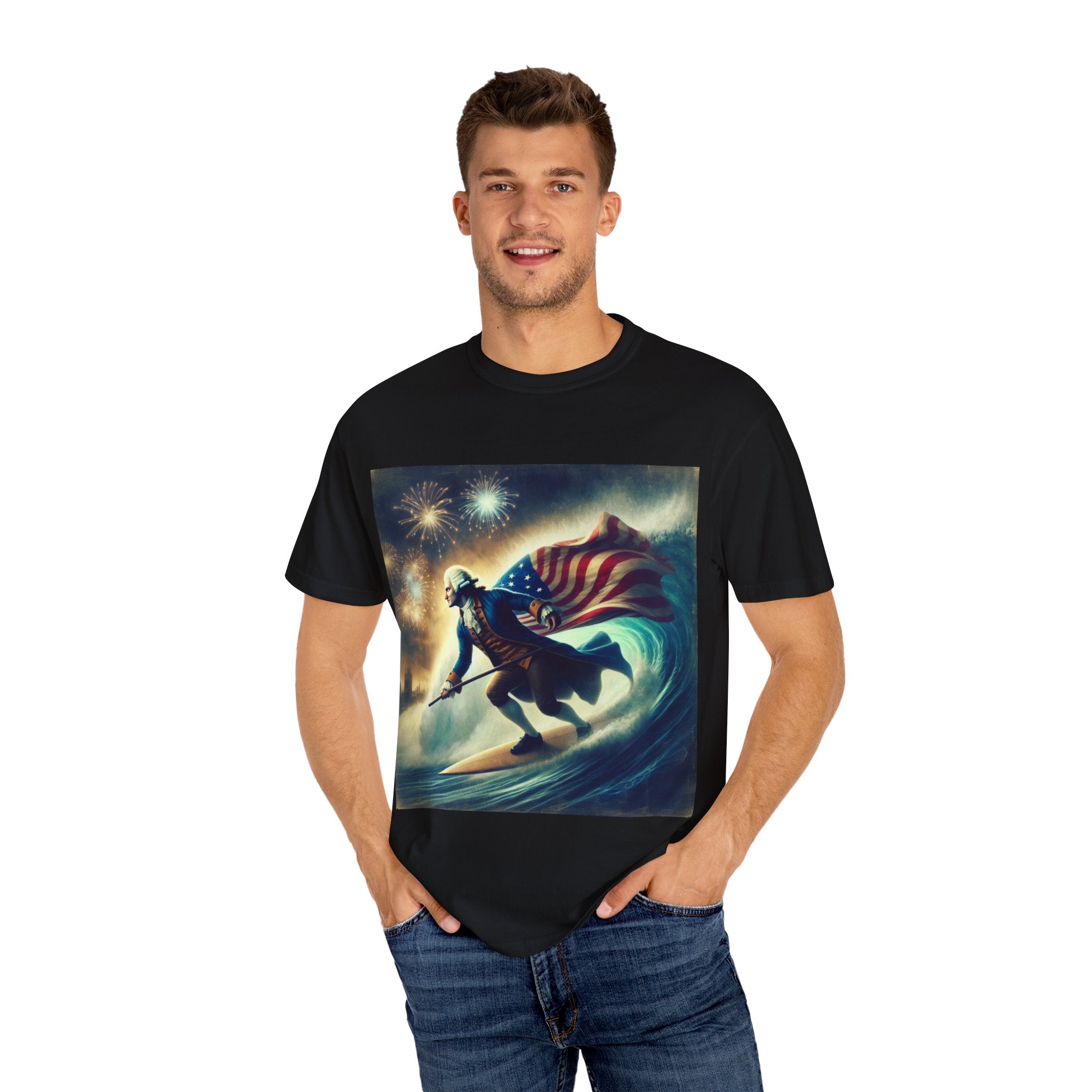 Patriotic Surfing T-Shirt, 4th of July Tee, Unisex Casual Shirt, Gift for Surfers, Independence Day Apparel