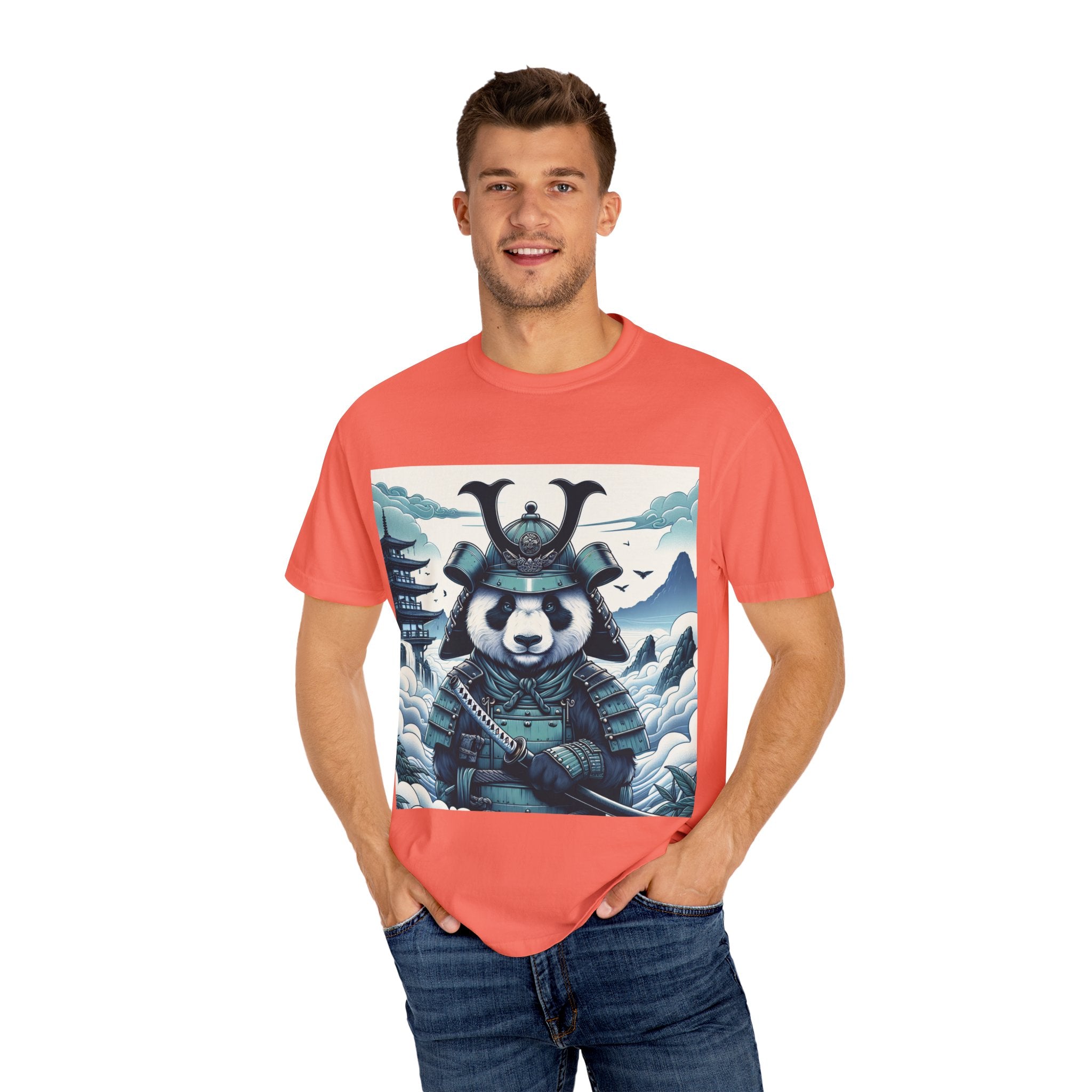 Samurai Panda T-Shirt - Unique Garment-Dyed Tee for Animal Lovers, Anime Fans, Gifts, Casual Wear, Birthday Celebrations