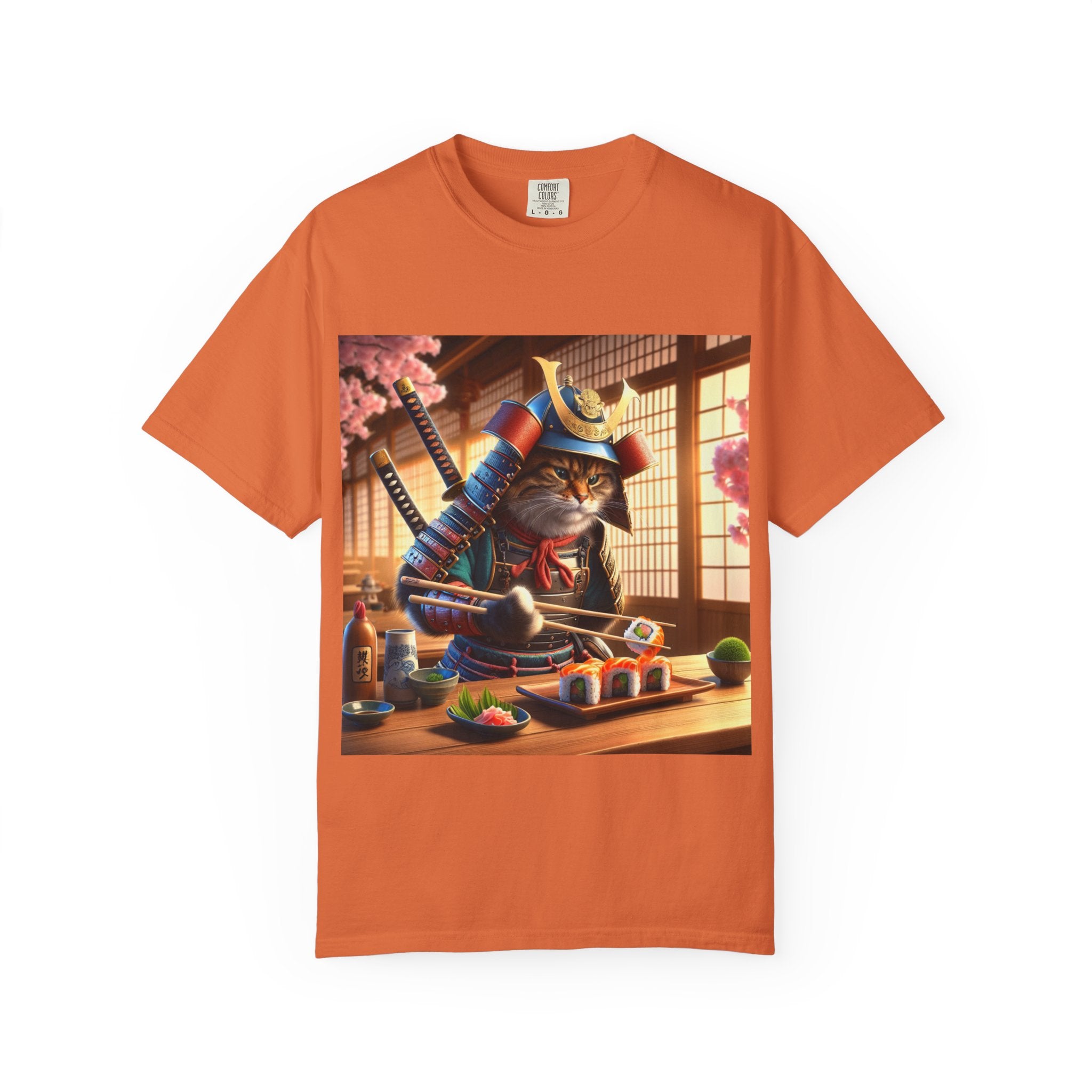 Samurai Cat T-Shirt, Cool Cat Tee, Sushi Lover Gift, Unique Graphic Shirt, Unisex Apparel, Fun Pet Gift