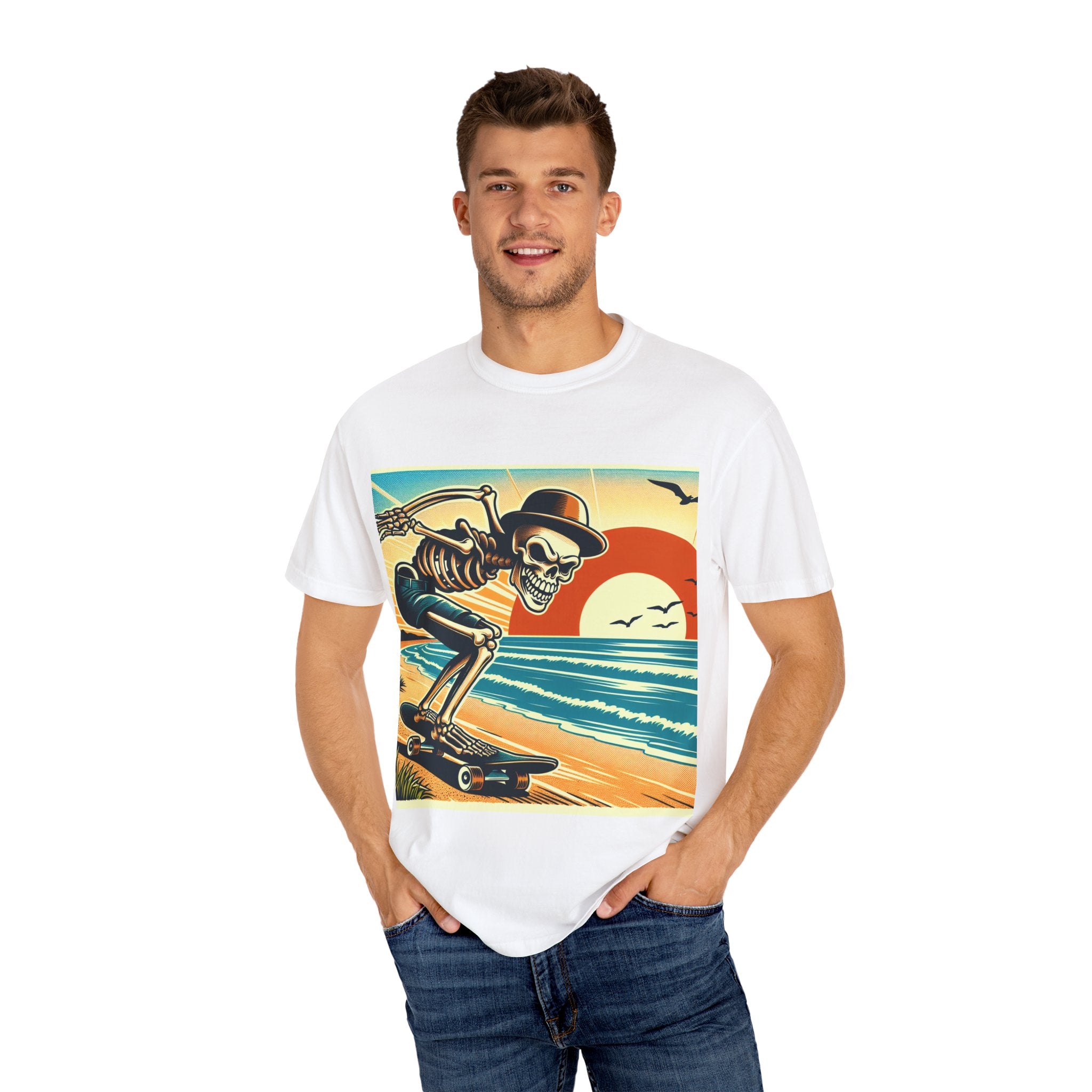 Skeleton Skateboarder Unisex T-Shirt, Beach Vibe Tee, Summer Fashion, Gift for Skaters, Casual Wear, Unique Graphic Tee