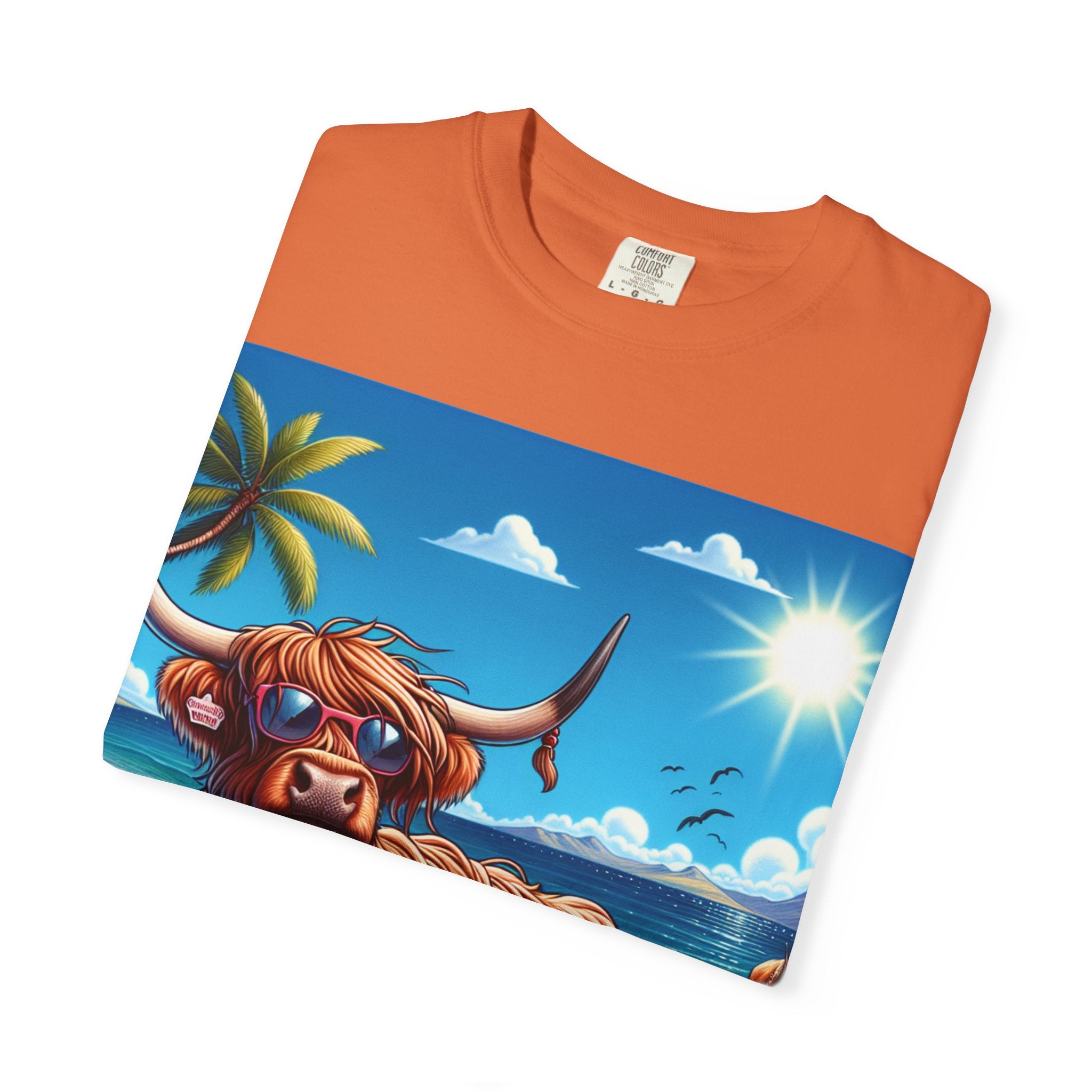 Beachy Highland Cow T-shirt | Unisex Garment-Dyed Tee, Relaxed Summer Fashion, Animal Lover Gift, Vacation Wear, Fun Graphic Tee