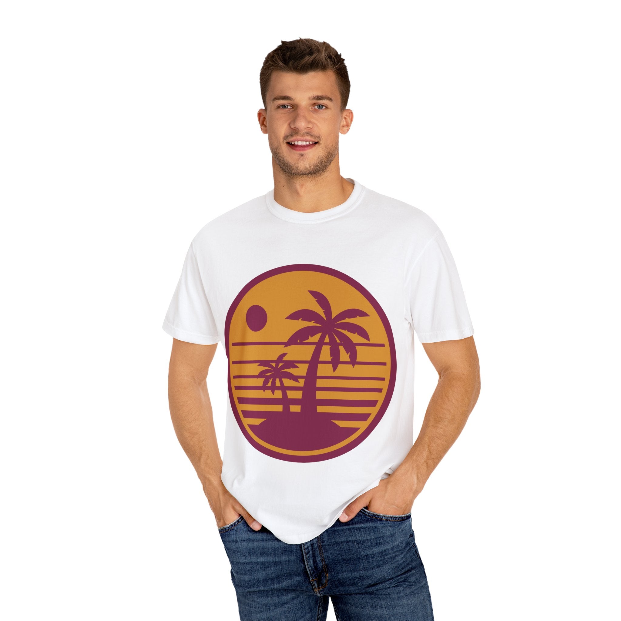 Sunset Palm Tree T-shirt, Casual Summer Tee, Unisex Beachwear, Graphic Tee for Vacation, Gift for Nature Lovers