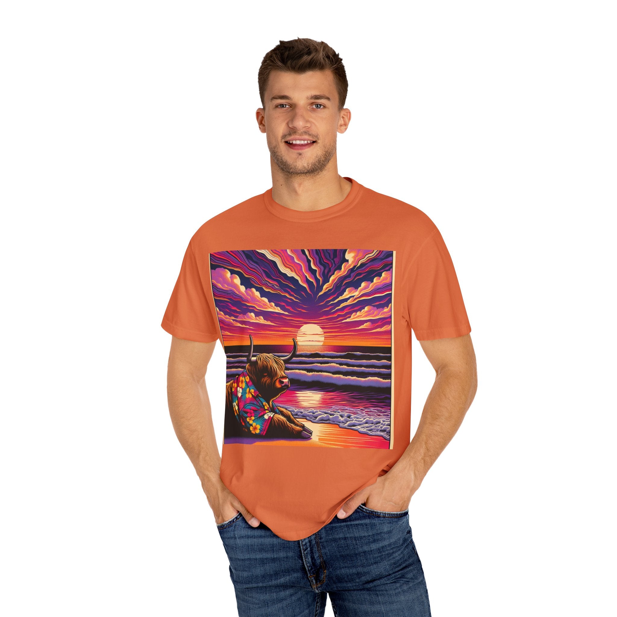 Vibrant Sunset Bull T-Shirt, Beach Vibes Tee, Colorful Summer Shirt, Unisex Graphic T-Shirt, Gift for Animal Lovers