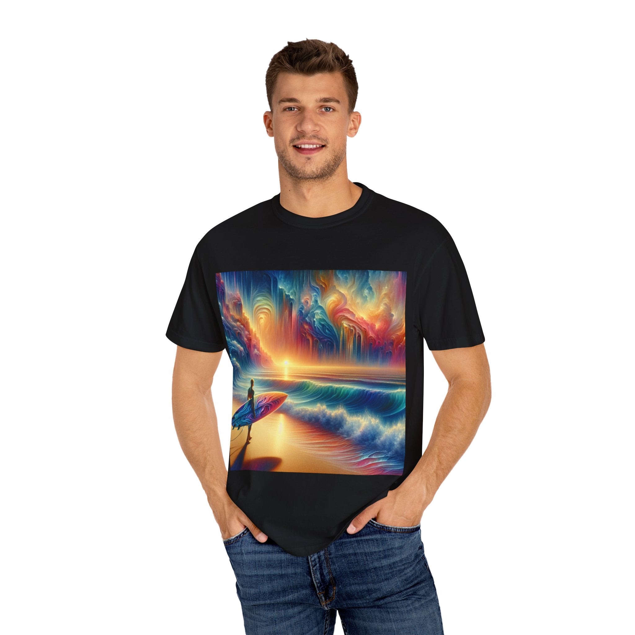 Vibrant Surfing Sunset T-Shirt, Beach Lover Gift, Summer Aesthetic, Unisex Apparel, Adventure Clothe, Travel Essential