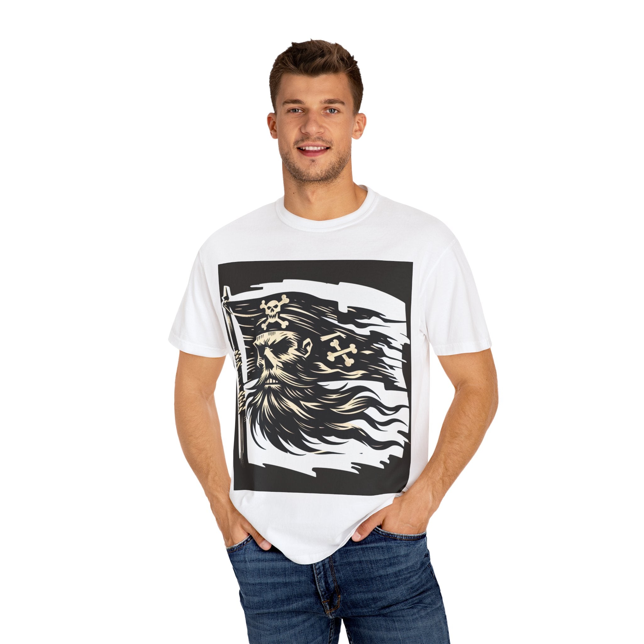 Skull Pirate T-Shirt, Unisex Garment-Dyed Tee for Adventurers, Perfect for Halloween, Pirate Parties, Casual Style, Unique Gift Idea