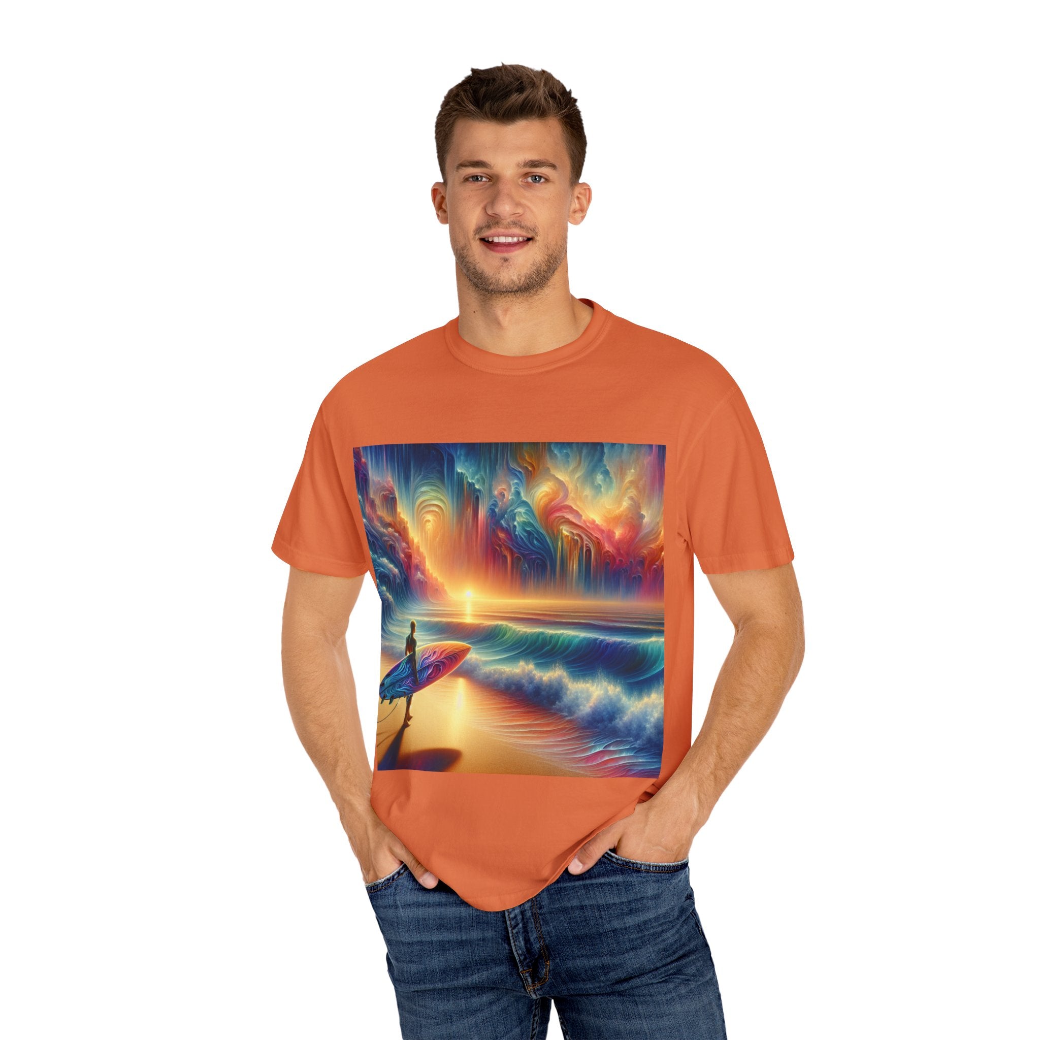 Vibrant Surfing Sunset T-Shirt, Beach Lover Gift, Summer Aesthetic, Unisex Apparel, Adventure Clothe, Travel Essential