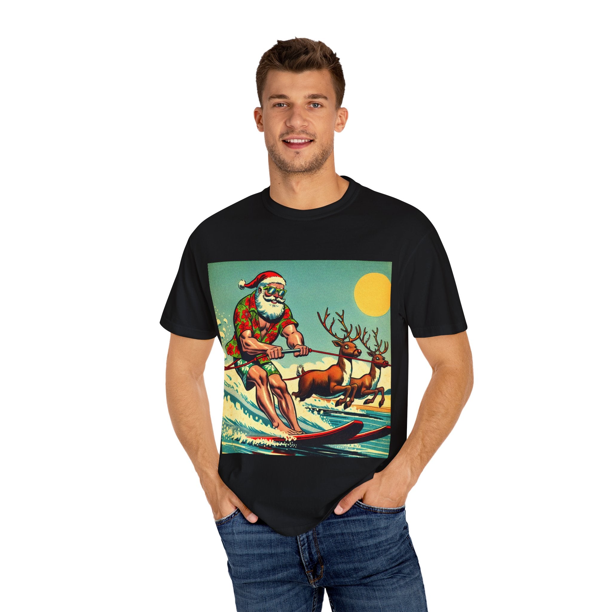 Surfing Santa T-shirt | Holiday Humor Shirt, Christmas Gift, Vintage Santa Tee, Summer Vibes, Unisex Casual Wear