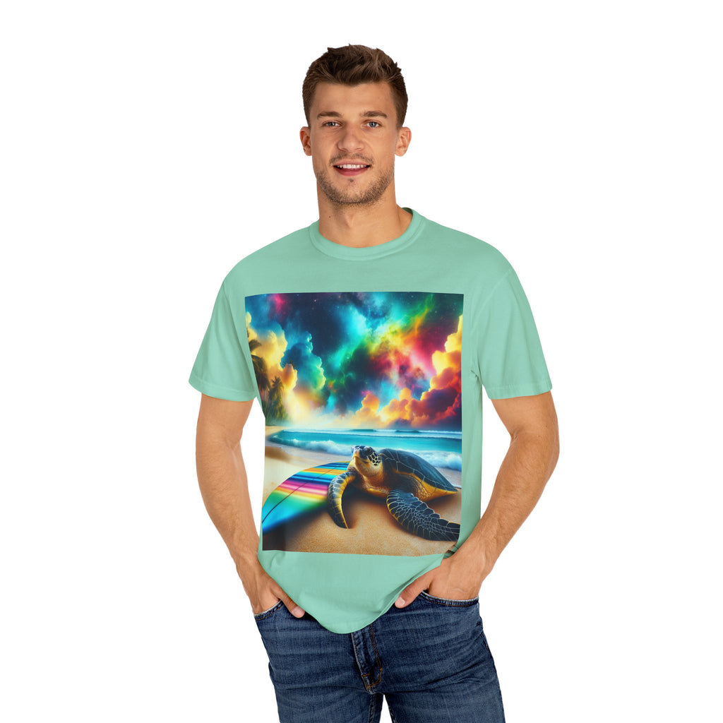 Colorful Turtle Surfing T-Shirt for Beach Lovers, Unisex Tee, Vacation Apparel, Ocean Theme, Summer Gift