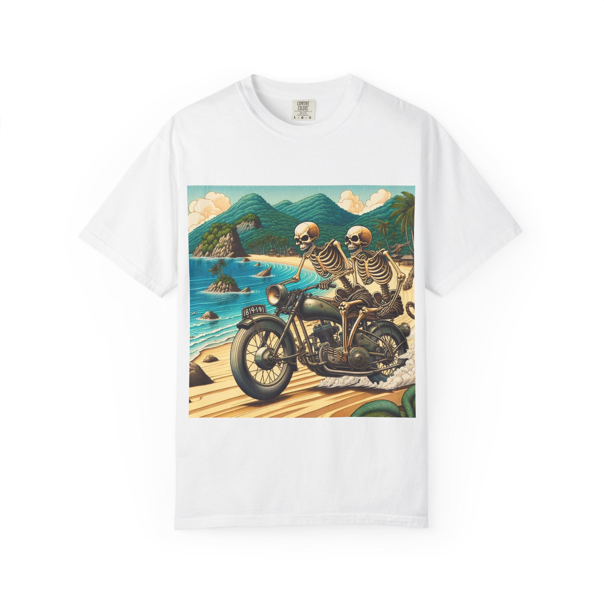 Skeleton Motorcycle Adventure T-Shirt, Casual Graphic Tee, Perfect for Bikers, Halloween, Road Trips, Vintage Style