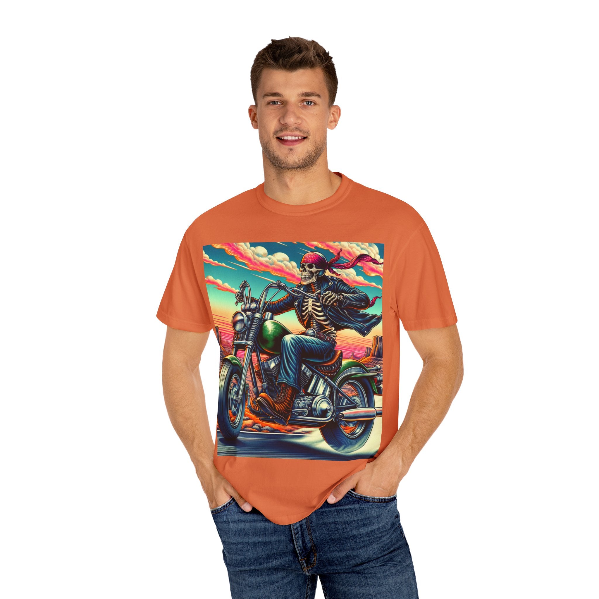 Skeleton Rider T-Shirt - Bohemian Vibe, Perfect for Bikers, Music Festivals, Casual Wear, Gift for Adventurers