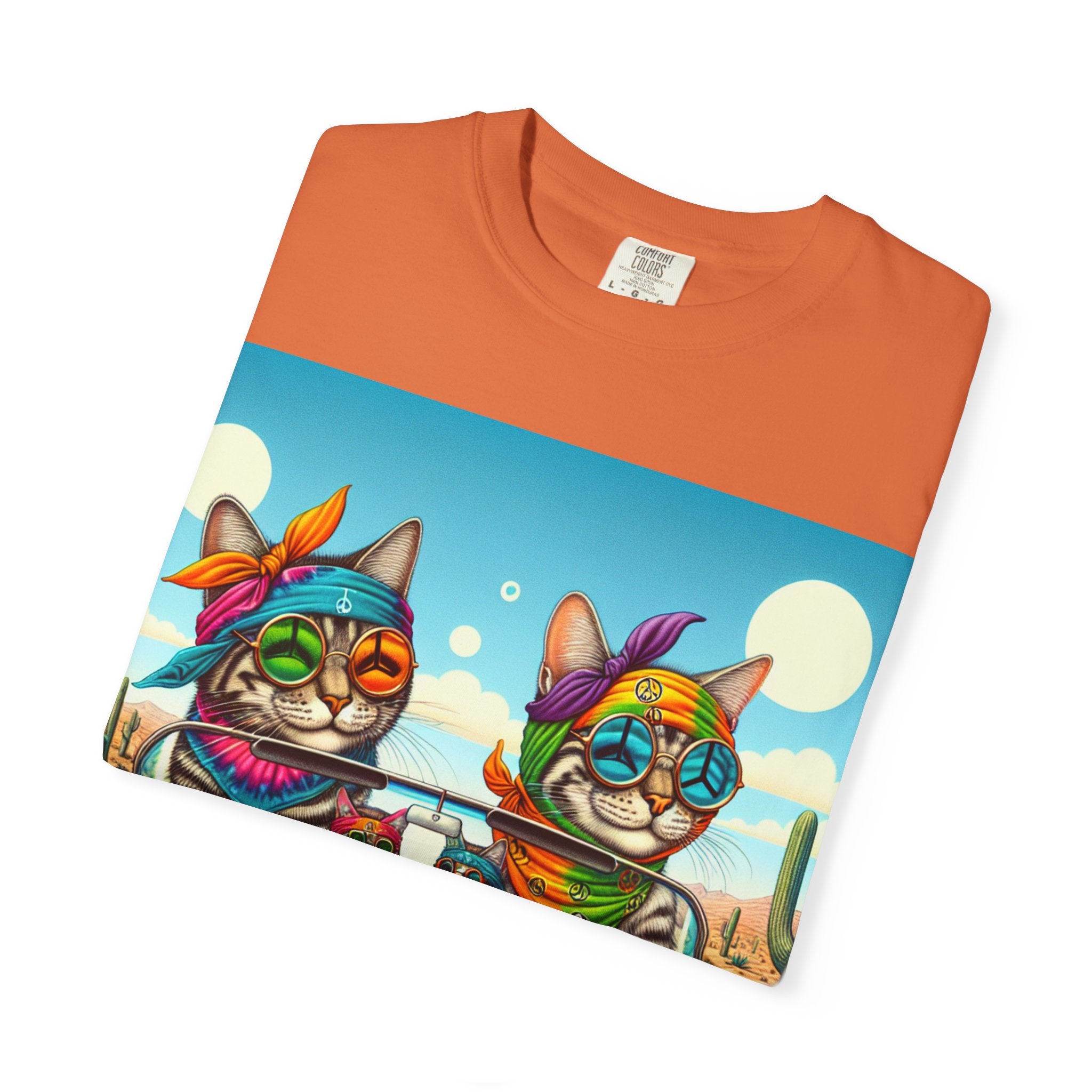 Vibrant Cat Road Trip Unisex T-shirt, Colorful Summer Tee, Gift for Cat Lovers, Festival Apparel, Cute Pet T-shirt, Boho Cat Style