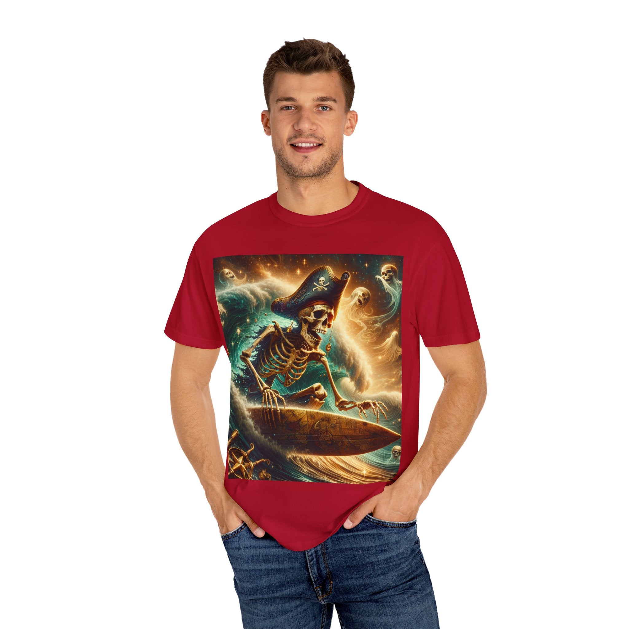 Surfing Skeleton Graphic T-shirt, Halloween Apparel, Pirate T-shirt, Unisex Summer Shirt, Beachwear, Gift for Surfers