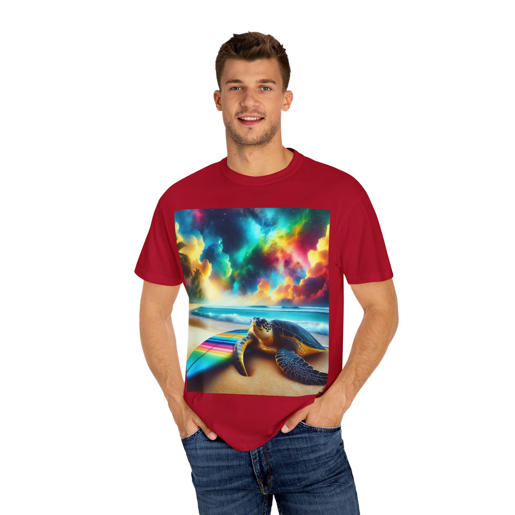 Colorful Turtle Surfing T-Shirt for Beach Lovers, Unisex Tee, Vacation Apparel, Ocean Theme, Summer Gift