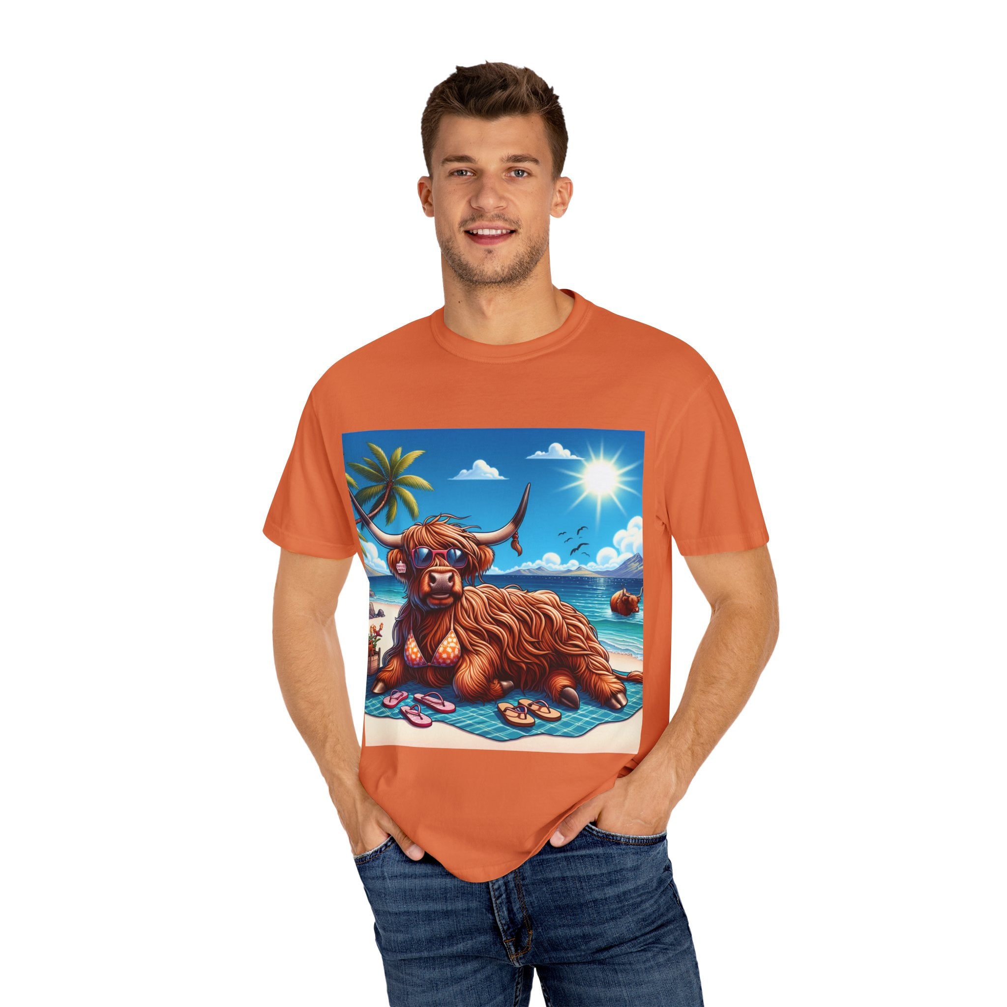 Highland Cow Beach Vibe T-Shirt, Garment-Dyed, Summer Apparel, Relaxed Fit Tee, Perfect for Beach Days, Gift for Animal Lovers