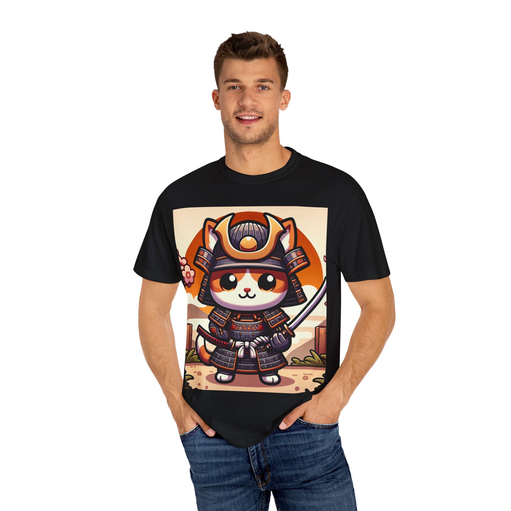 Samurai Cat T-shirt, Unisex Vintage Tee, Cute Cat Lover Gift, Anime Inspired Shirt, Perfect for Pet Lovers, Casual Streetwear