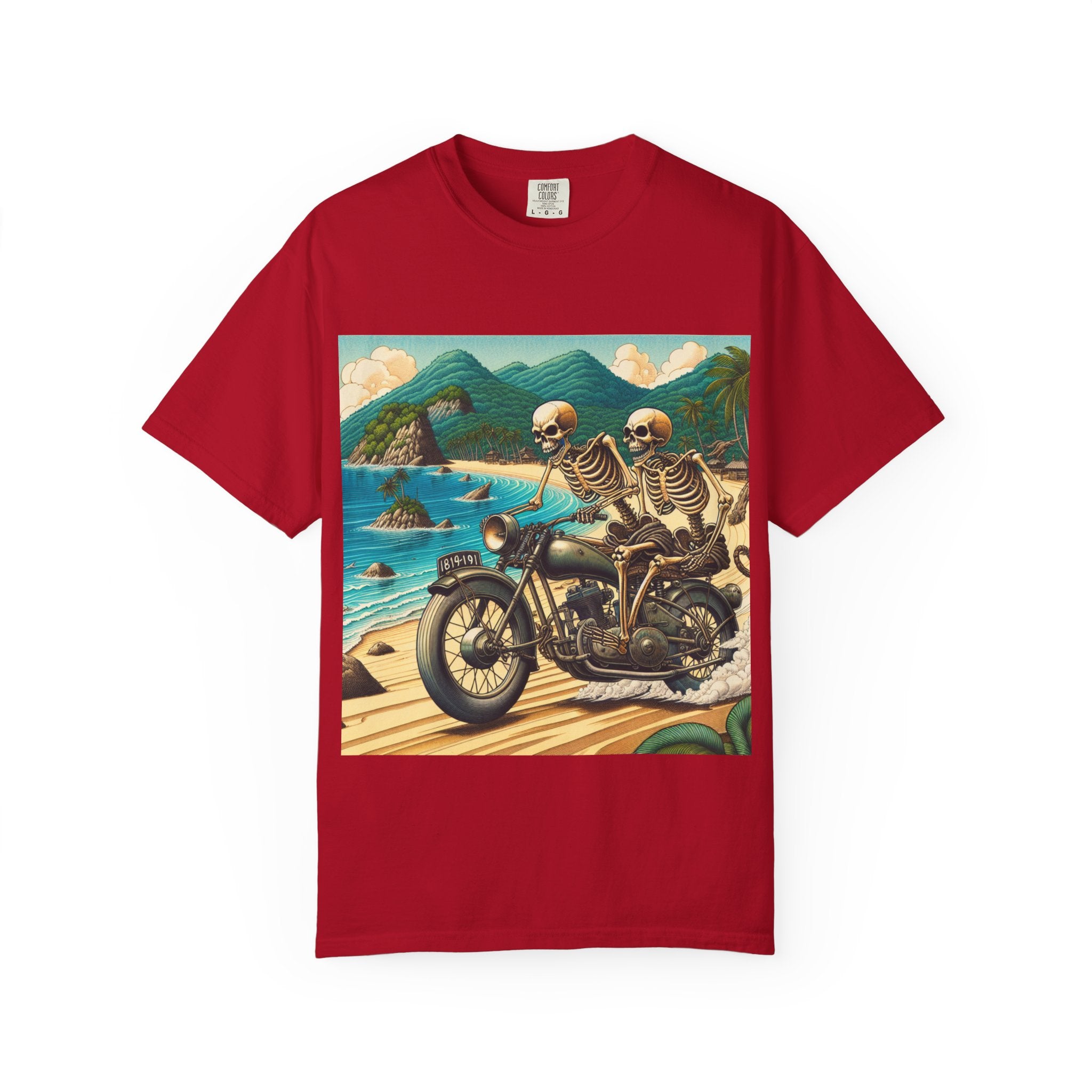 Skeleton Motorcycle Adventure T-Shirt, Casual Graphic Tee, Perfect for Bikers, Halloween, Road Trips, Vintage Style