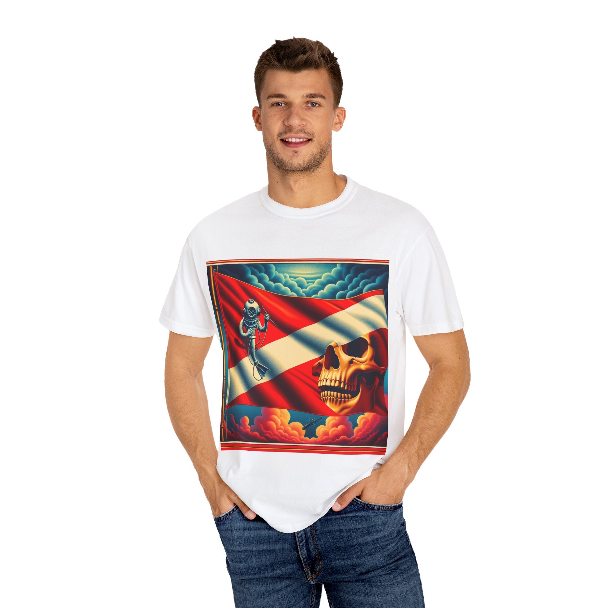 Vibrant Graphic T-shirt, Bold Skull and Astronaut Design, Unisex Casual Wear, Summer Vibes, Festival Attire, Unique Gift Idea