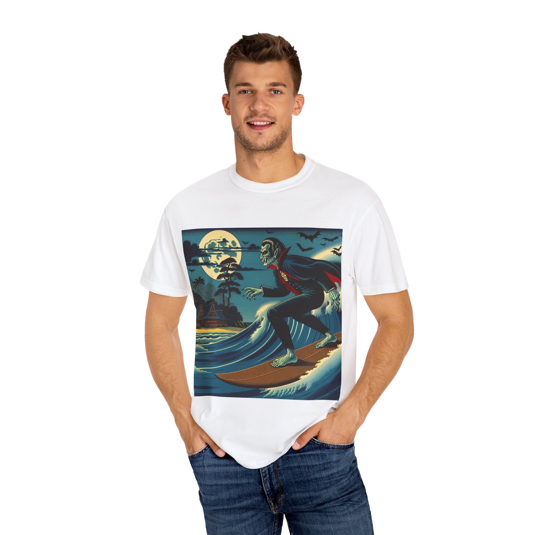 Surfing Vampire T-Shirt, Halloween Shirt, Unisex Graphic Tee, Casual Wear for Surf Lovers, Spooky Summer Fashion