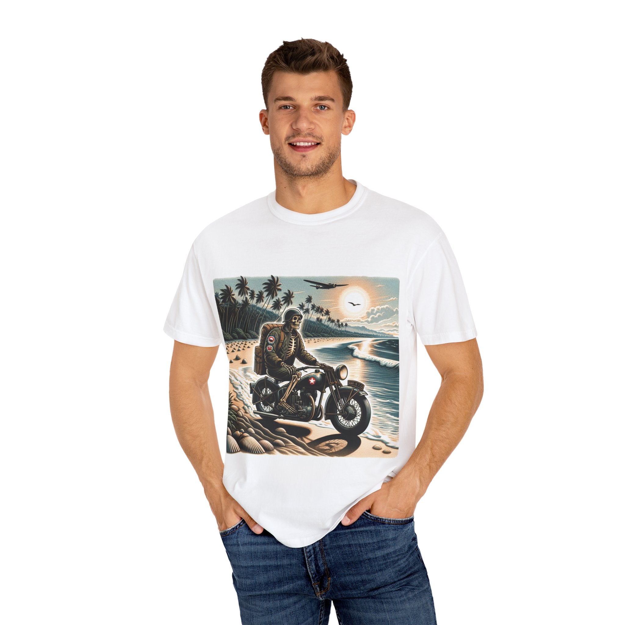 Vintage Motorcycle Beach T-Shirt, Relaxed Style Tee for Bikers, Unisex Graphic Top, Beach Lovers Gift, Adventure Apparel