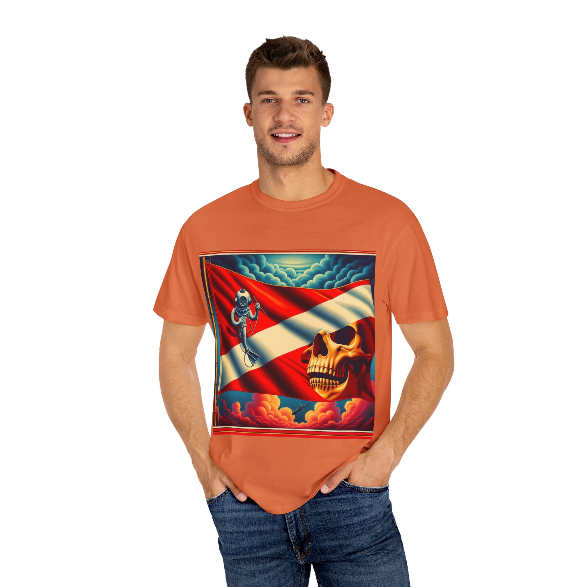 Vibrant Graphic T-shirt, Bold Skull and Astronaut Design, Unisex Casual Wear, Summer Vibes, Festival Attire, Unique Gift Idea