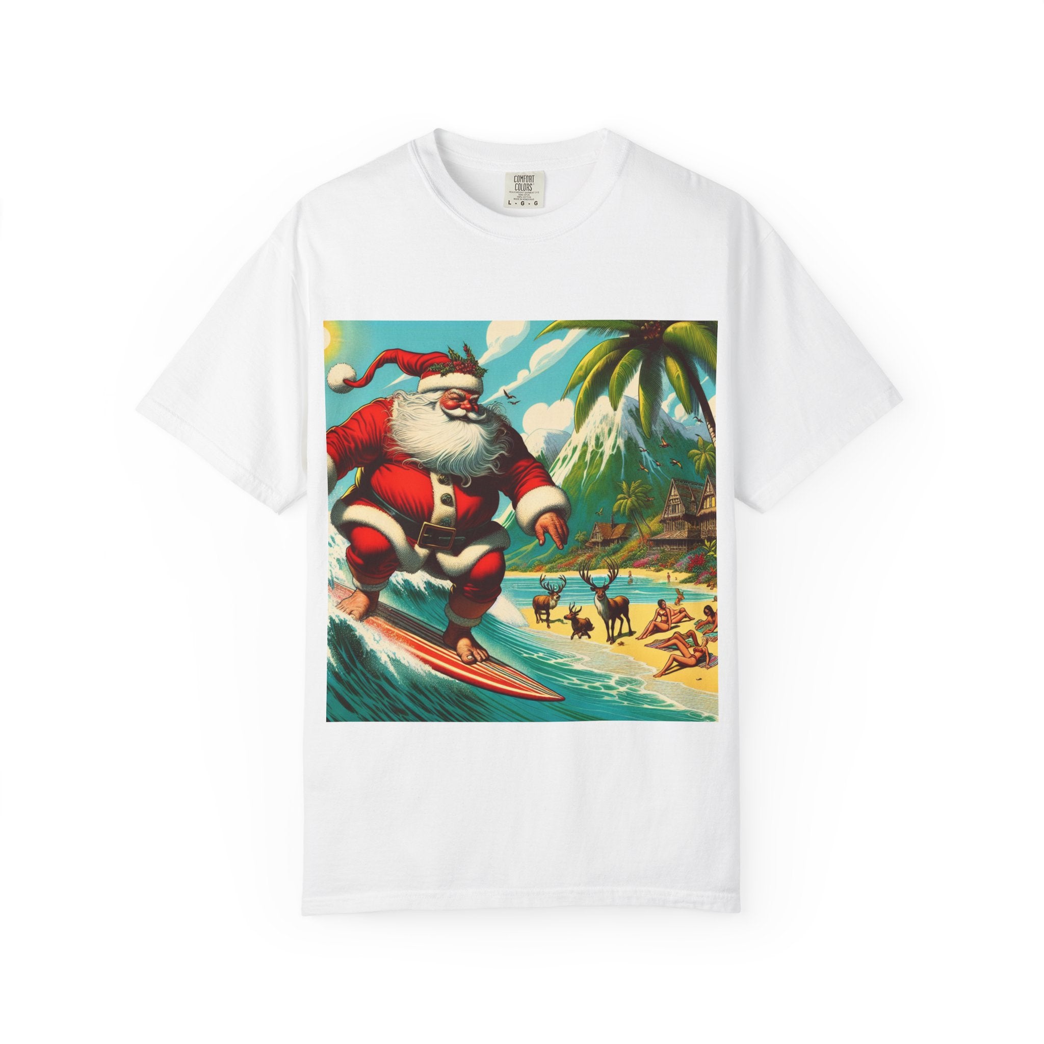 Surfing Santa Unisex T-Shirt, Christmas Tee, Holiday Wear, Funny T-Shirt, Summer Vibes, Gift for Him/Her, Beach Apparel