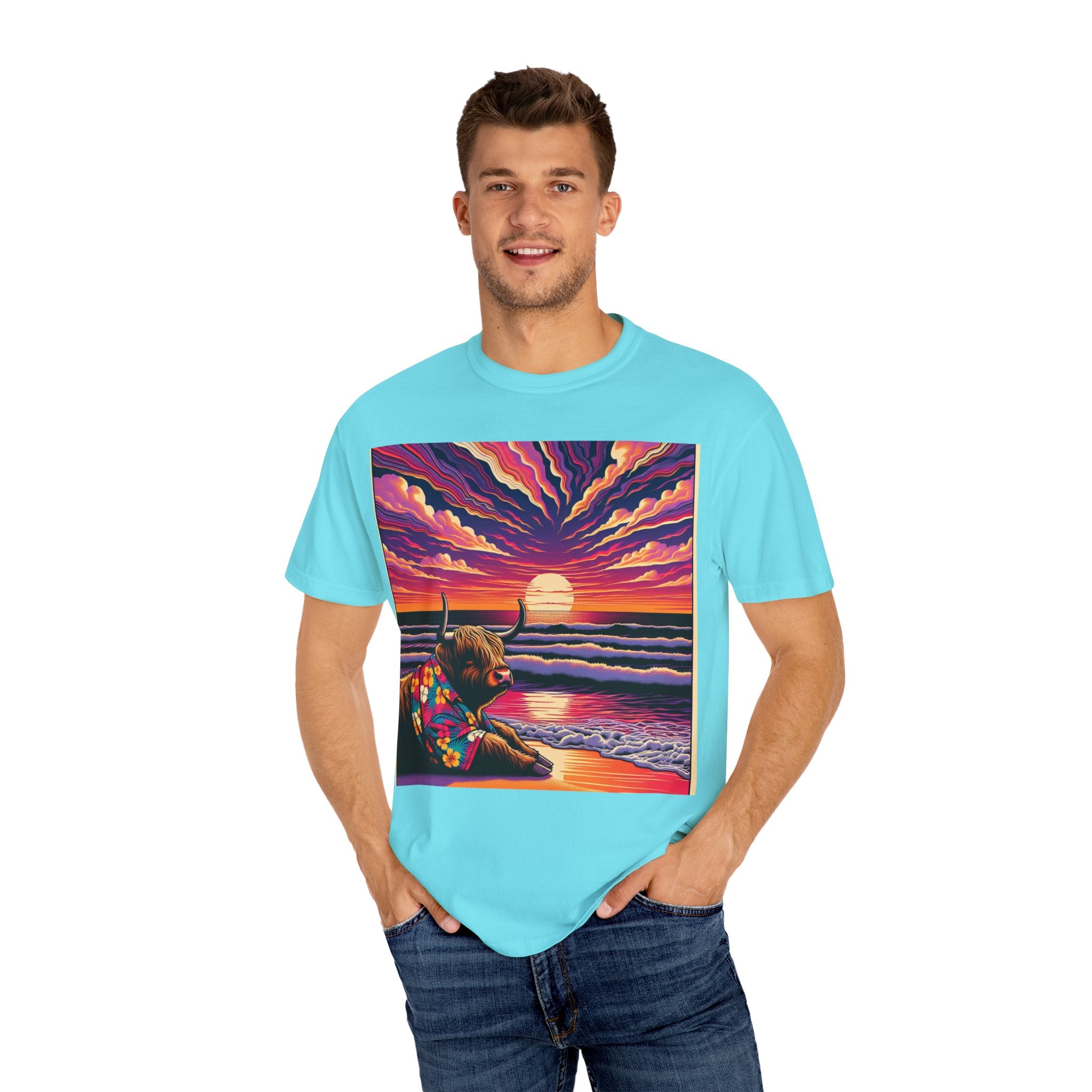 Vibrant Sunset Bull T-Shirt, Beach Vibes Tee, Colorful Summer Shirt, Unisex Graphic T-Shirt, Gift for Animal Lovers