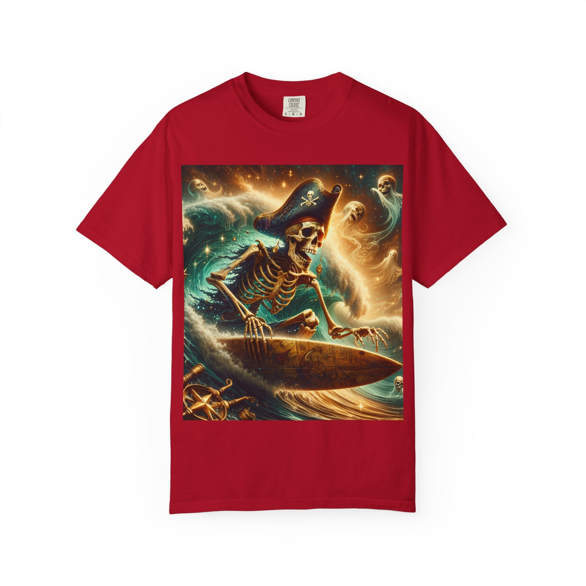 Surfing Skeleton Graphic T-shirt, Halloween Apparel, Pirate T-shirt, Unisex Summer Shirt, Beachwear, Gift for Surfers