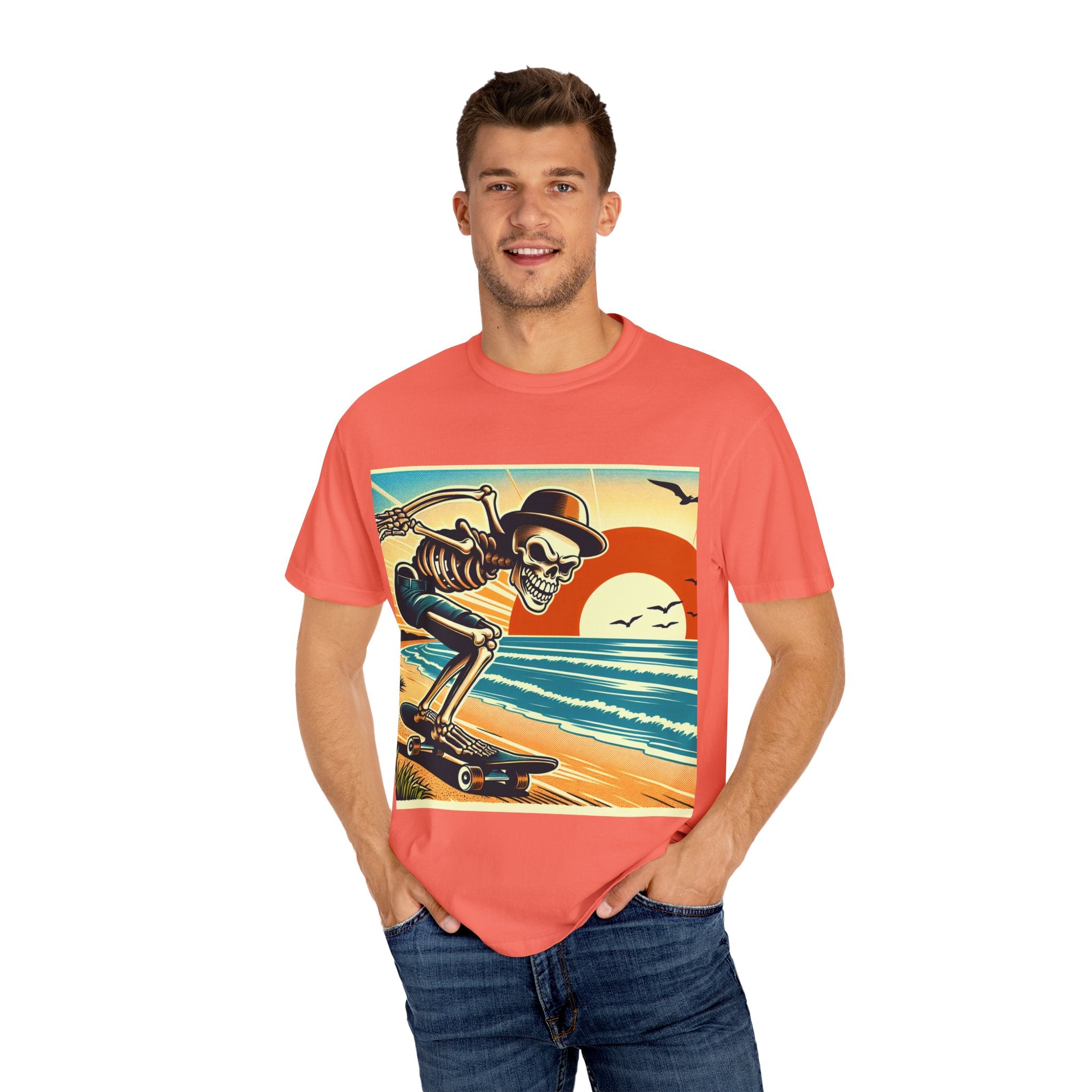 Skeleton Skateboarder Unisex T-Shirt, Beach Vibe Tee, Summer Fashion, Gift for Skaters, Casual Wear, Unique Graphic Tee