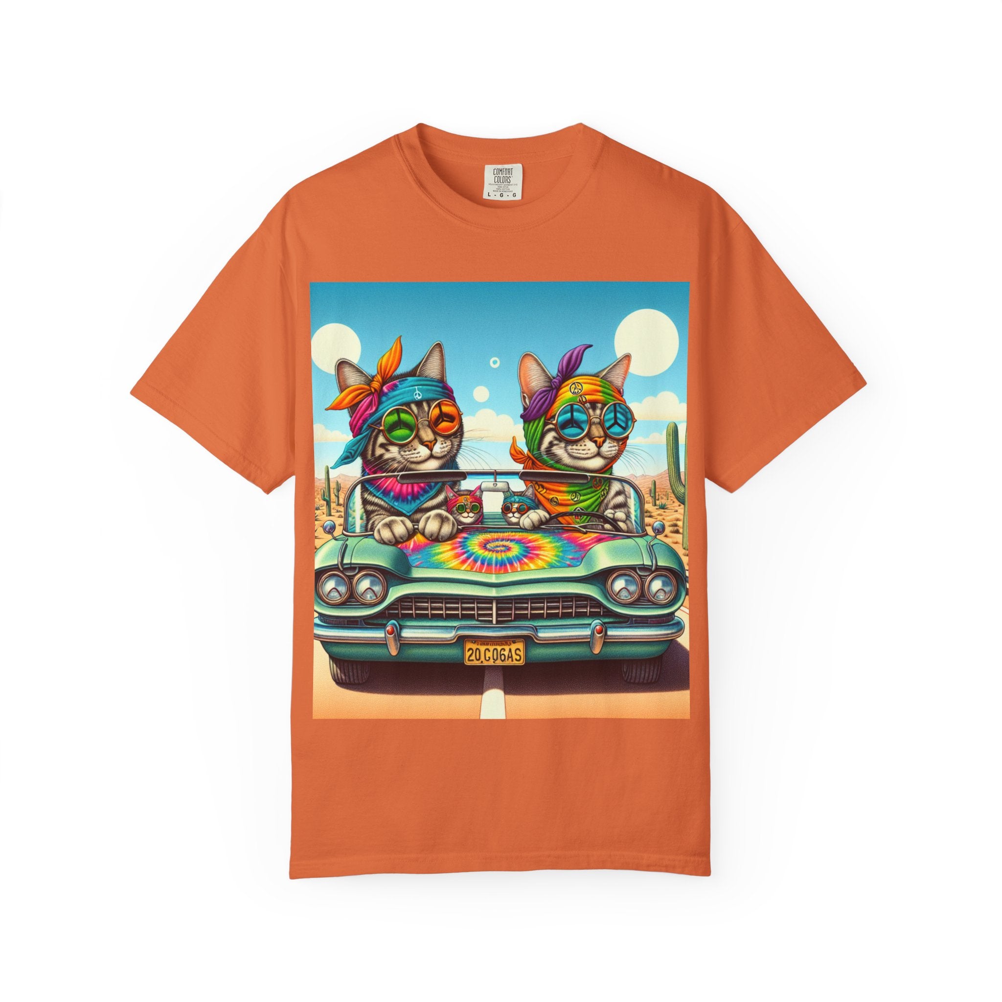 Vibrant Cat Road Trip Unisex T-shirt, Colorful Summer Tee, Gift for Cat Lovers, Festival Apparel, Cute Pet T-shirt, Boho Cat Style