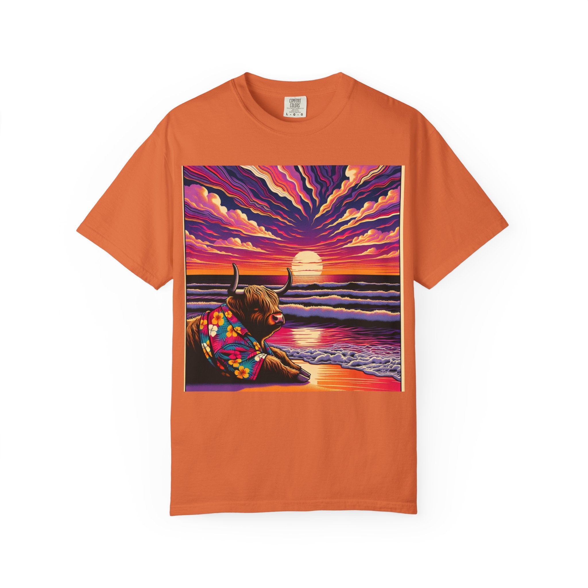 Vibrant Sunset Bull T-Shirt, Beach Vibes Tee, Colorful Summer Shirt, Unisex Graphic T-Shirt, Gift for Animal Lovers