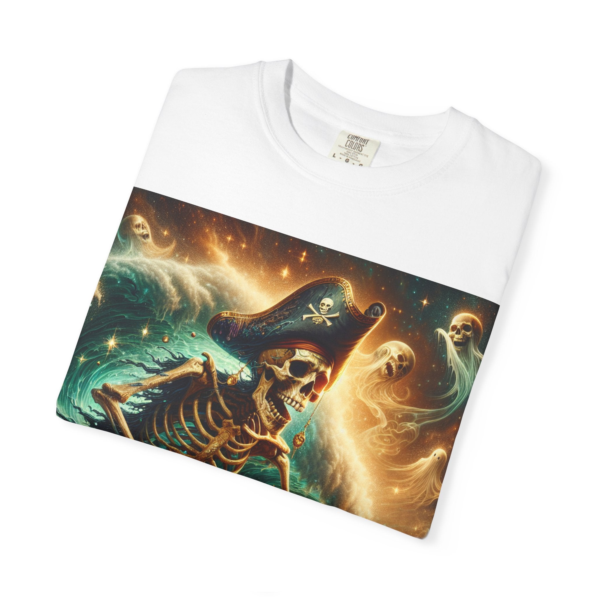 Surfing Skeleton Graphic T-shirt, Halloween Apparel, Pirate T-shirt, Unisex Summer Shirt, Beachwear, Gift for Surfers