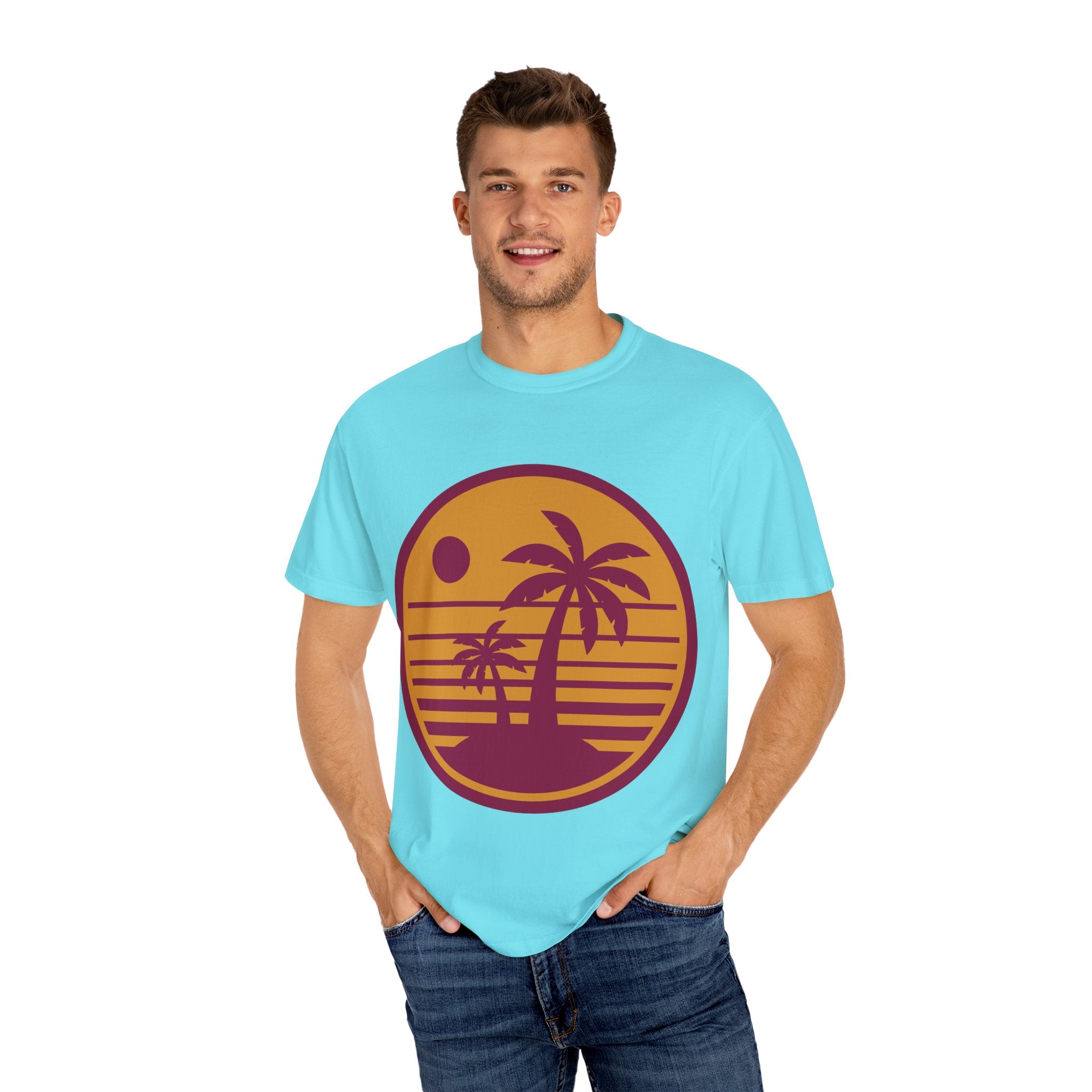 Sunset Palm Tree T-shirt, Casual Summer Tee, Unisex Beachwear, Graphic Tee for Vacation, Gift for Nature Lovers