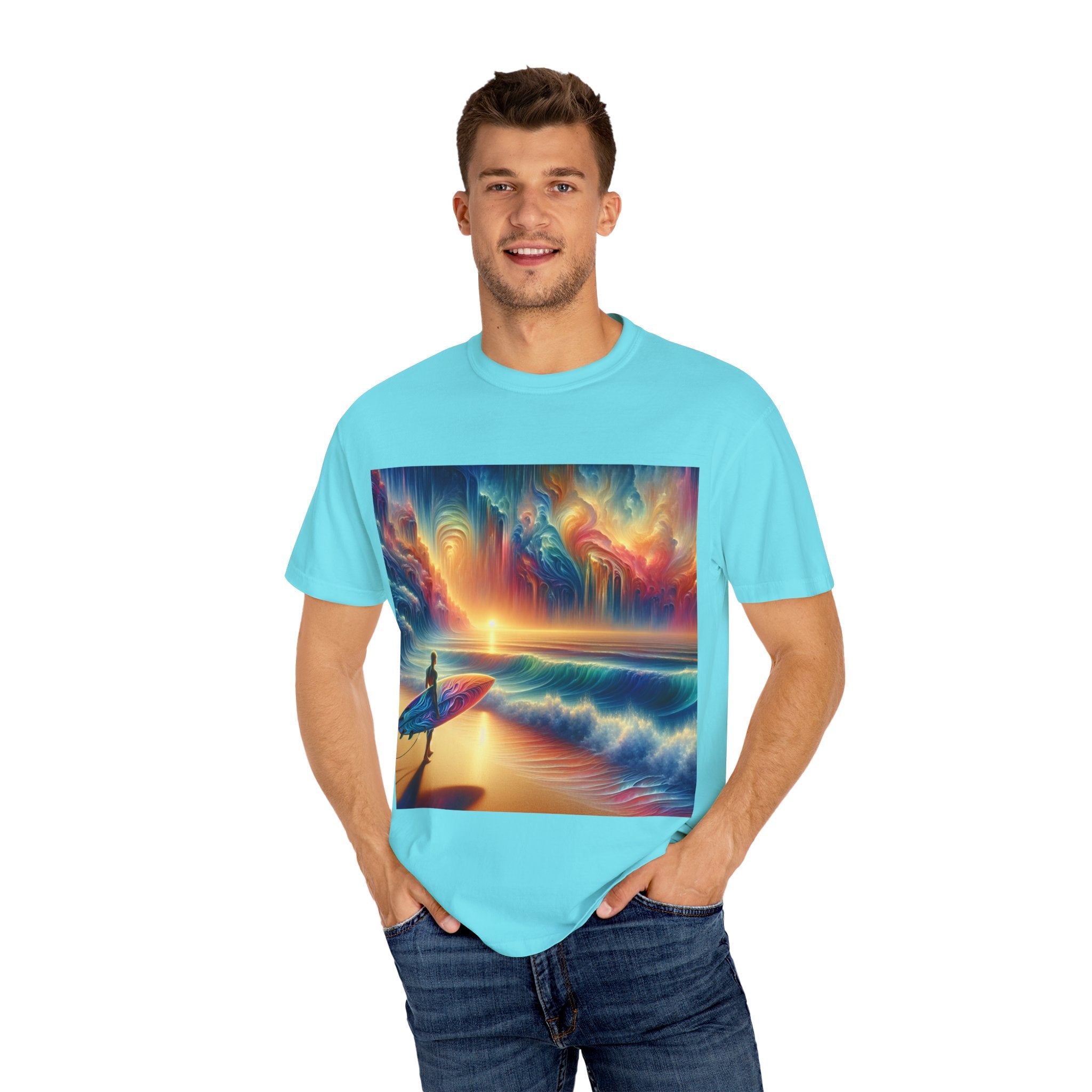 Vibrant Surfing Sunset T-Shirt, Beach Lover Gift, Summer Aesthetic, Unisex Apparel, Adventure Clothe, Travel Essential
