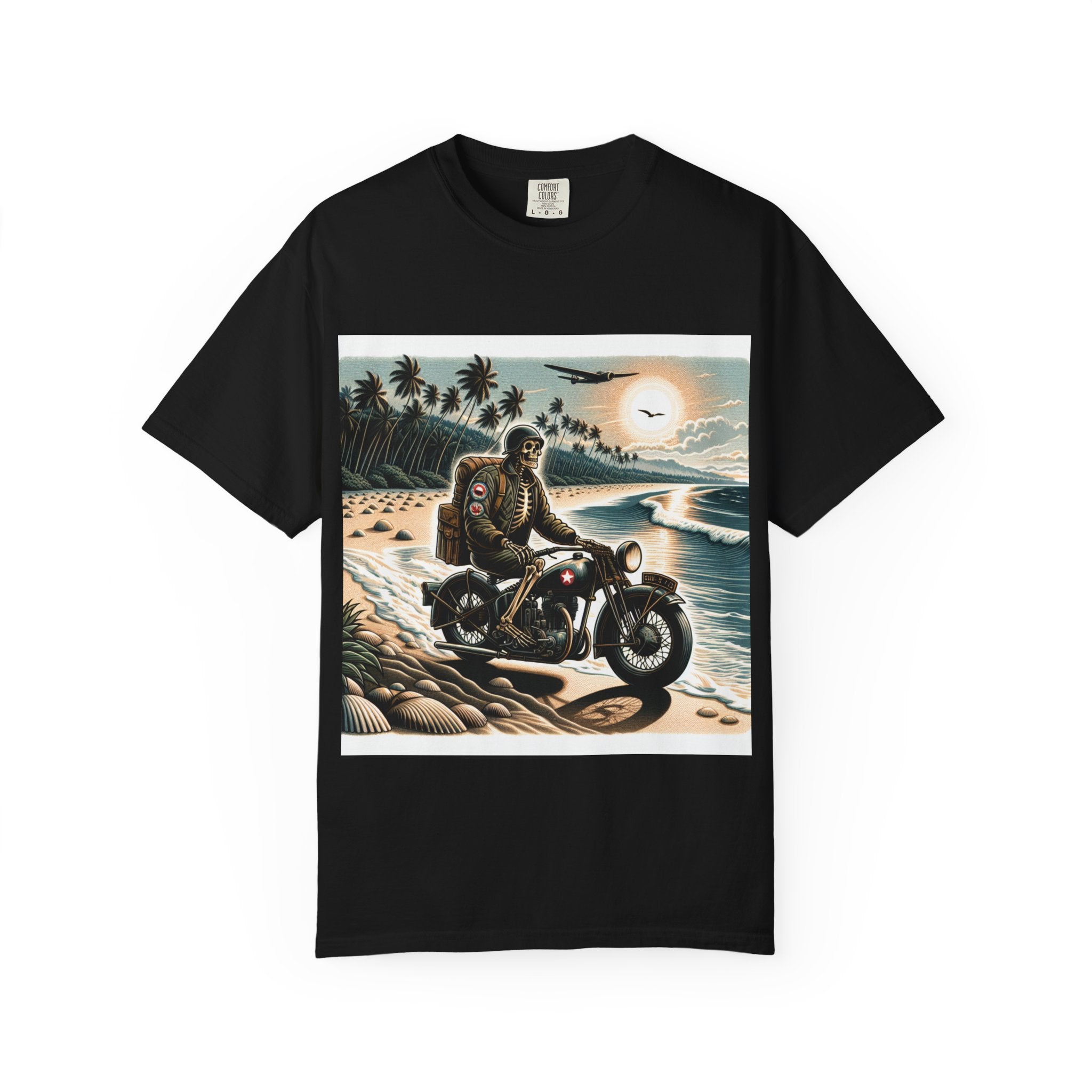 Vintage Motorcycle Beach T-Shirt, Relaxed Style Tee for Bikers, Unisex Graphic Top, Beach Lovers Gift, Adventure Apparel